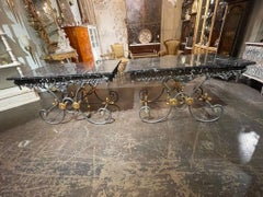 French Steel and Bronze Bakers Tables with Original Grey Marble Tops