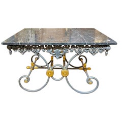 French Steel and Bronze Bakers Tables with Original Grey Marble Tops