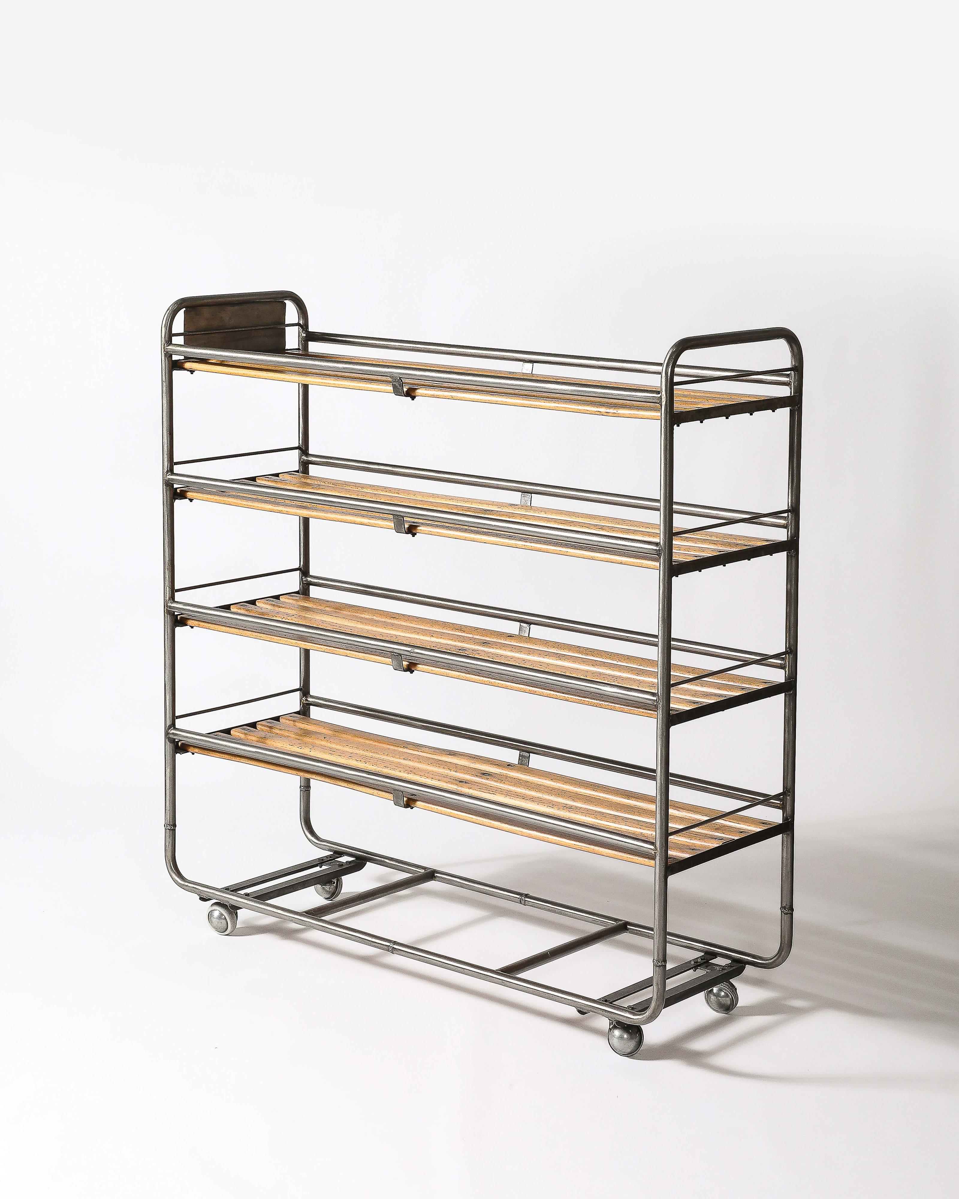 French Steel and Wood Baker's Cart/Rolling Industrial Shelf, France, c. 1950 In Excellent Condition For Sale In New York City, NY