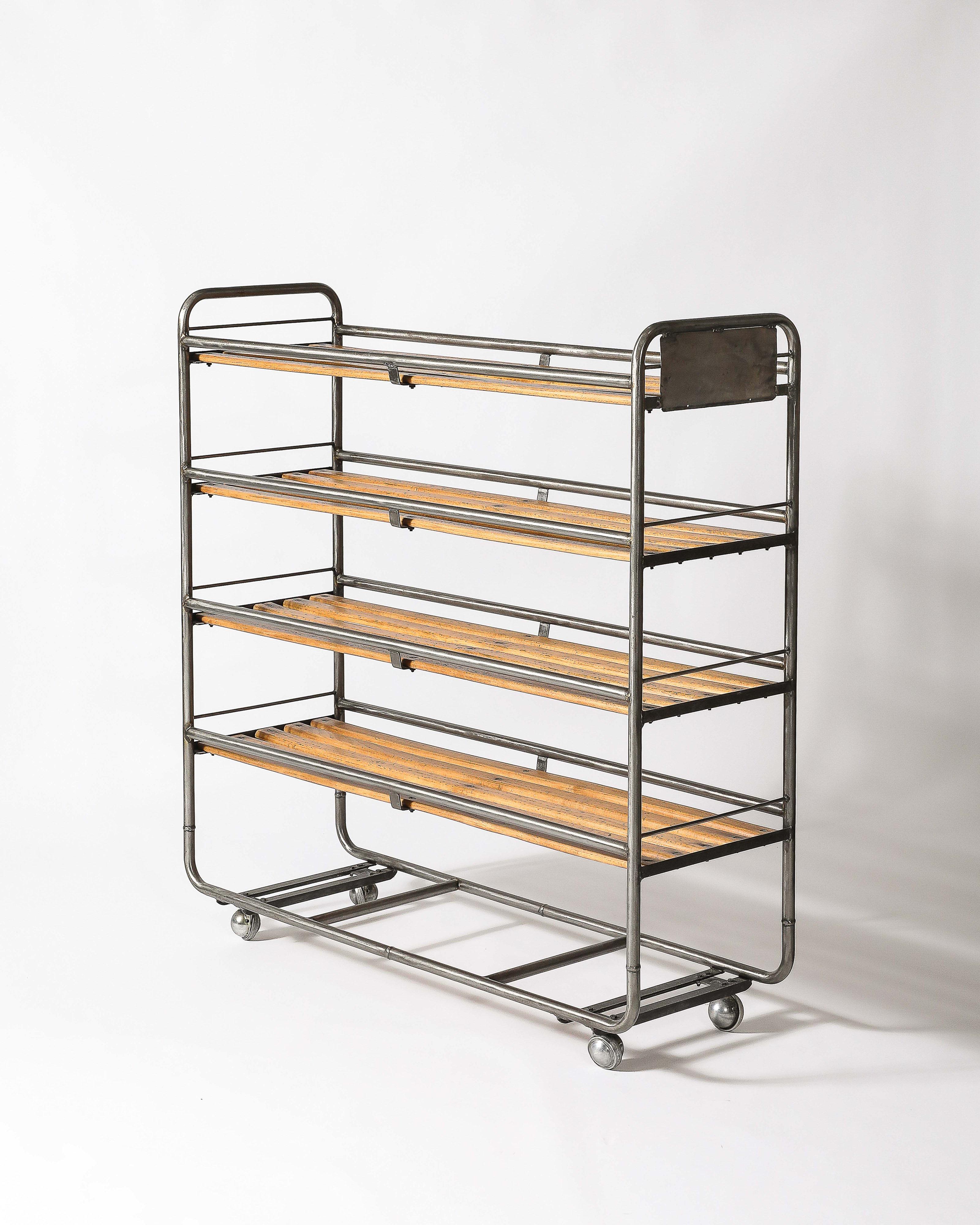 20th Century French Steel and Wood Baker's Cart/Rolling Industrial Shelf, France, c. 1950 For Sale