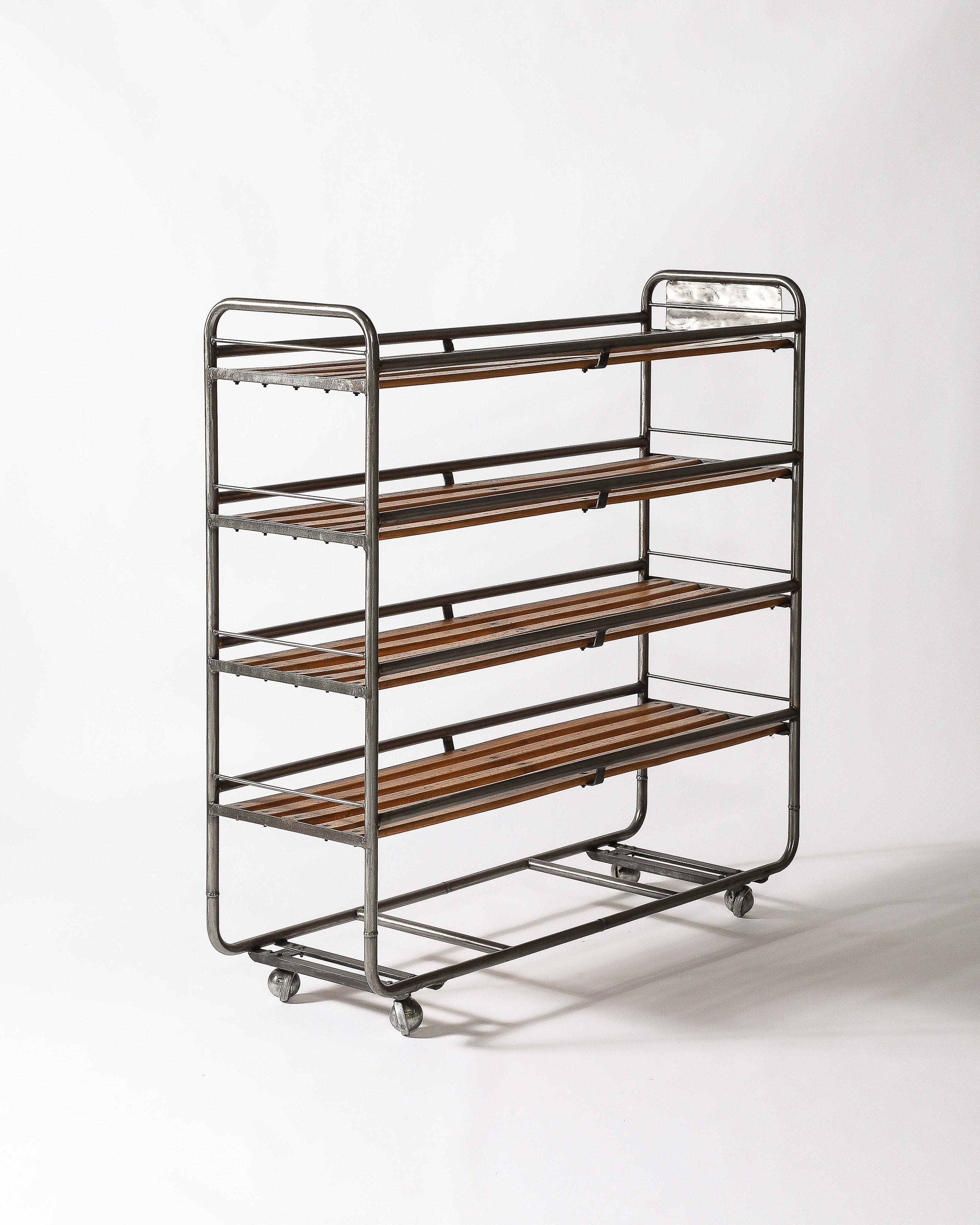 Metal French Steel and Wood Baker's Cart/Rolling Industrial Shelf, France, c. 1950 For Sale