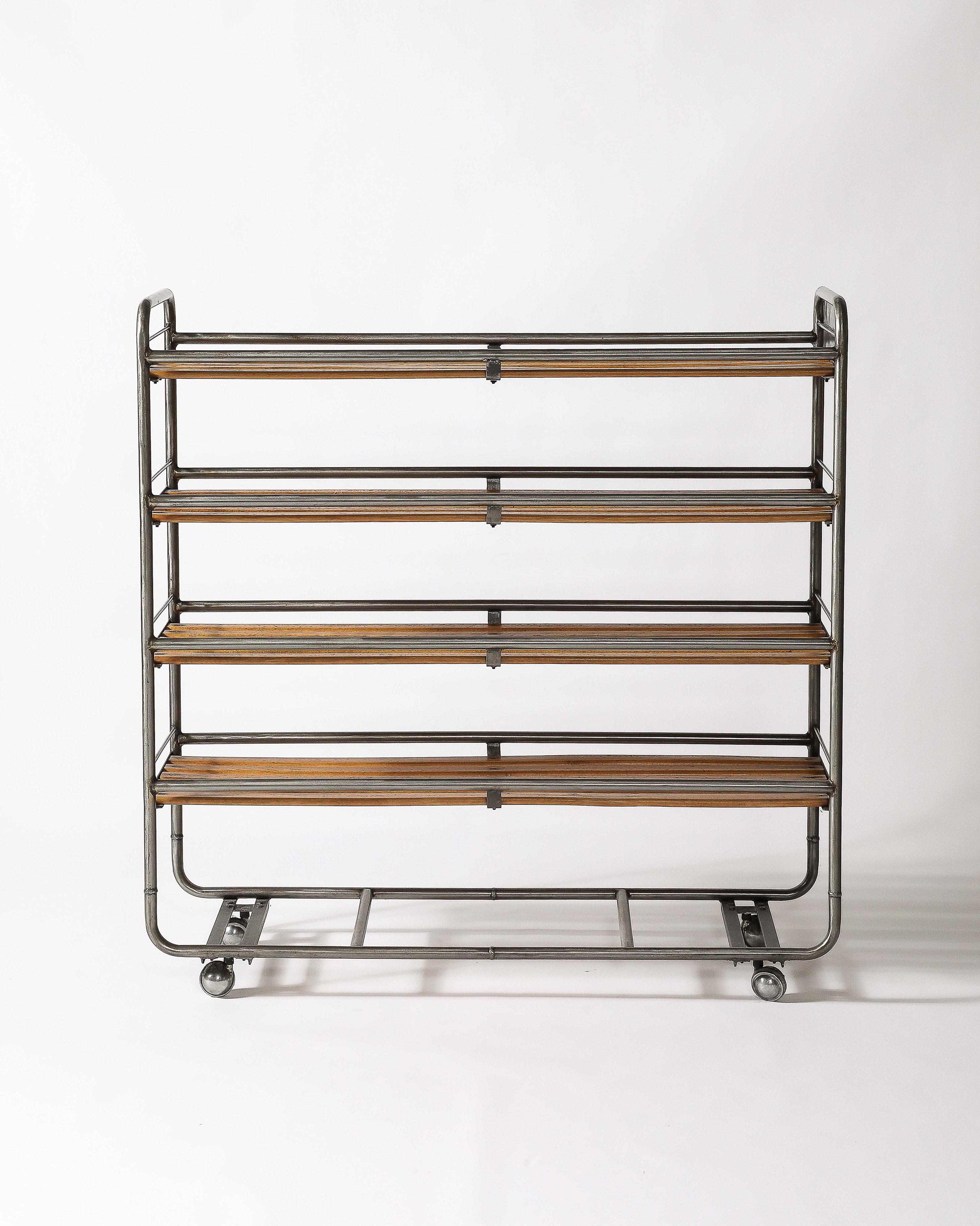 French Steel and Wood Baker's Cart/Rolling Industrial Shelf, France, c. 1950 For Sale 1