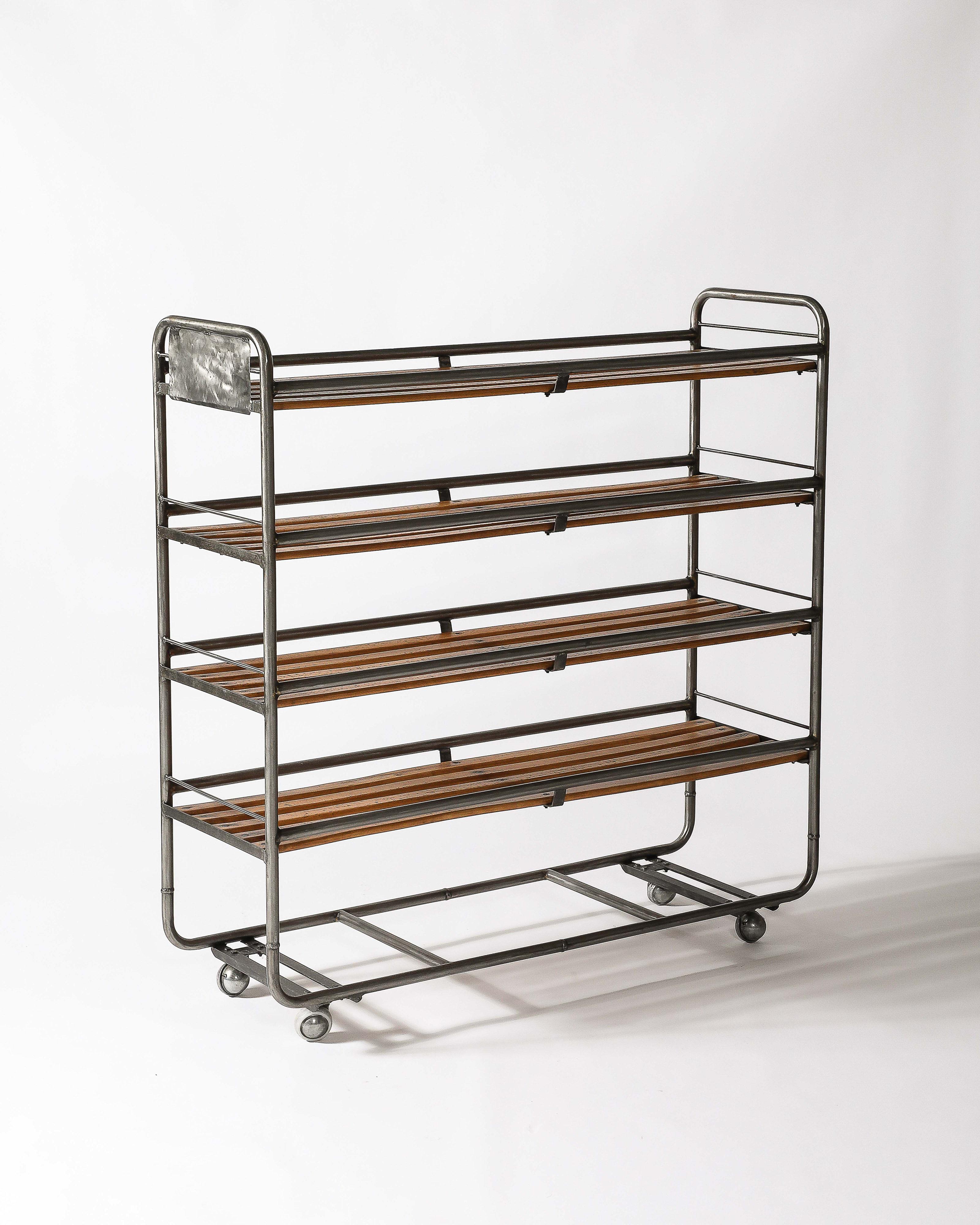 French Steel and Wood Baker's Cart/Rolling Industrial Shelf, France, c. 1950 For Sale 2