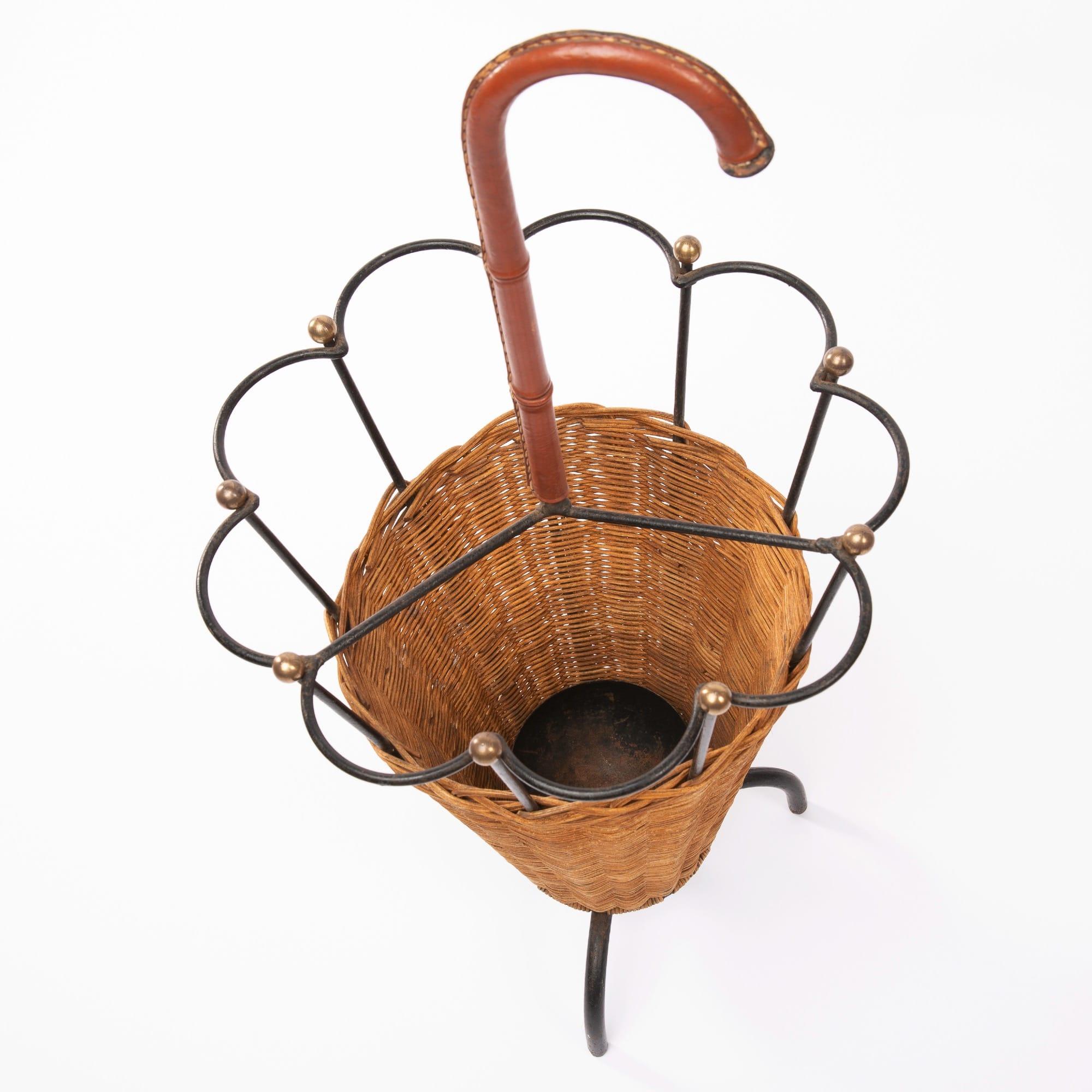 French Steel, Bronze, Rattan and Leather Umbrella Stand Attributed to Adnet In Good Condition For Sale In Brussels, BE