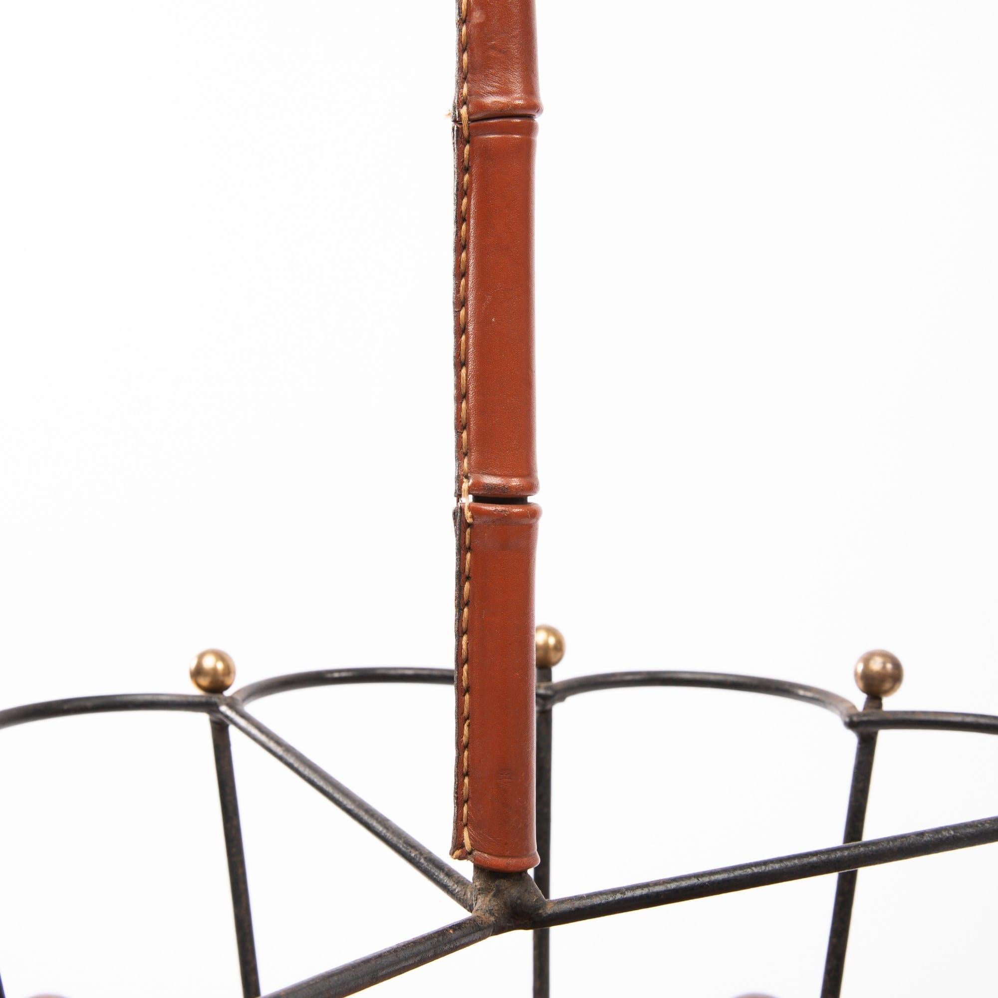 Mid-20th Century French Steel, Bronze, Rattan and Leather Umbrella Stand Attributed to Adnet For Sale
