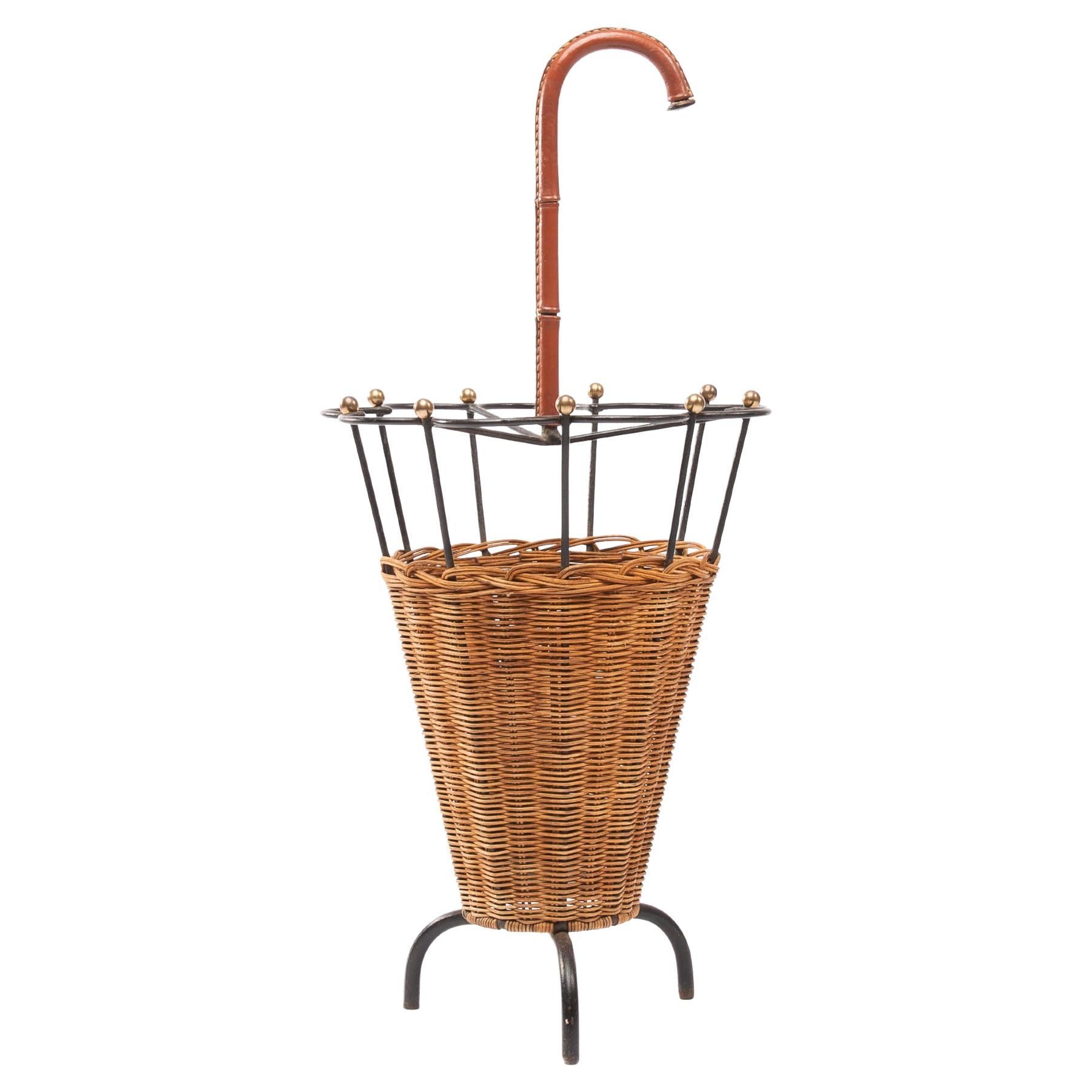 French Steel, Bronze, Rattan and Leather Umbrella Stand Attributed to Adnet For Sale