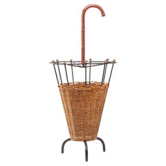 French Steel, Bronze, Rattan and Leather Umbrella Stand Attributed to Adnet