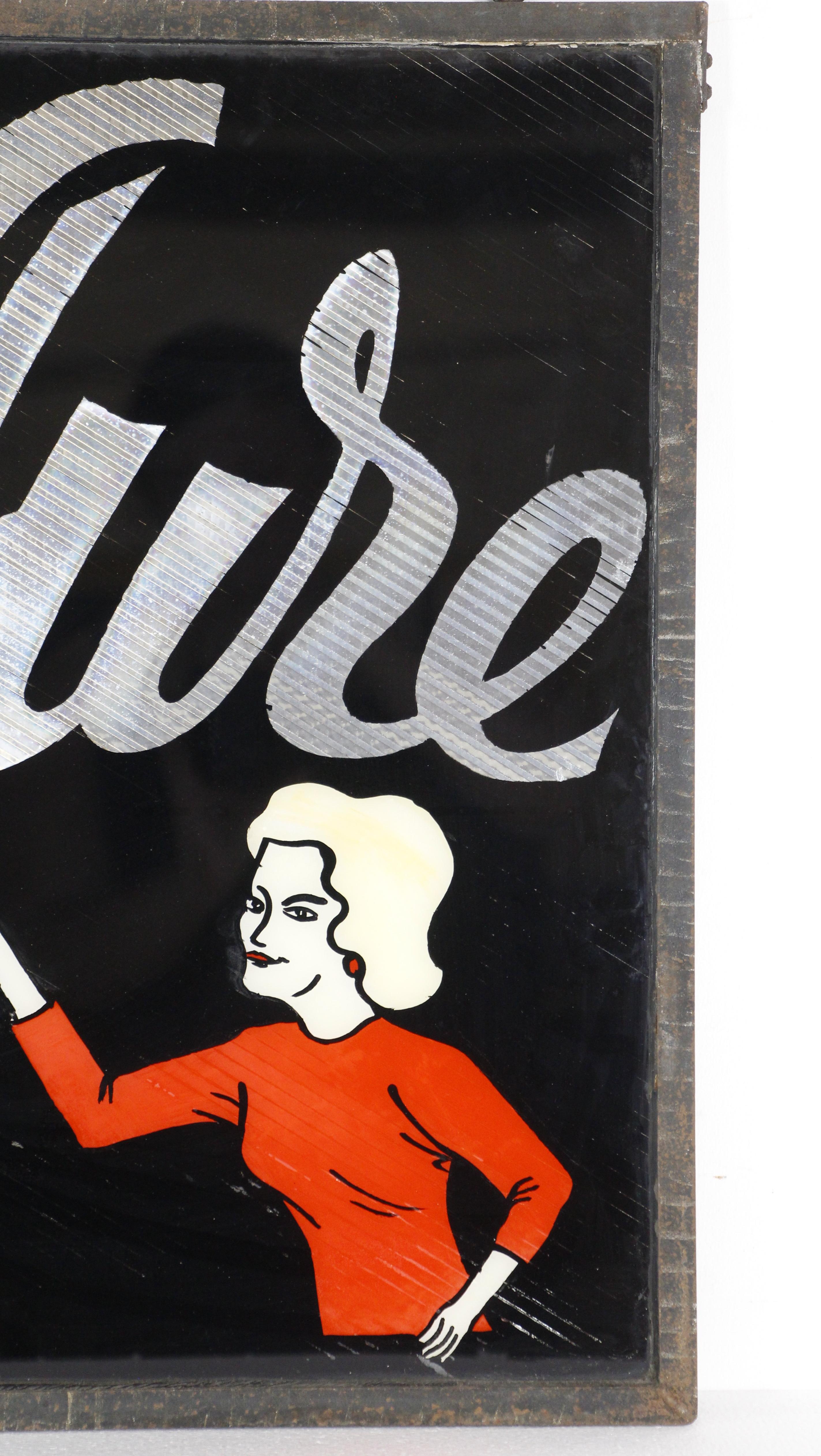 Französisches Coiffure-Haarschmuckschild mit Stahlrahmen und Glas im Zustand „Gut“ im Angebot in New York, NY