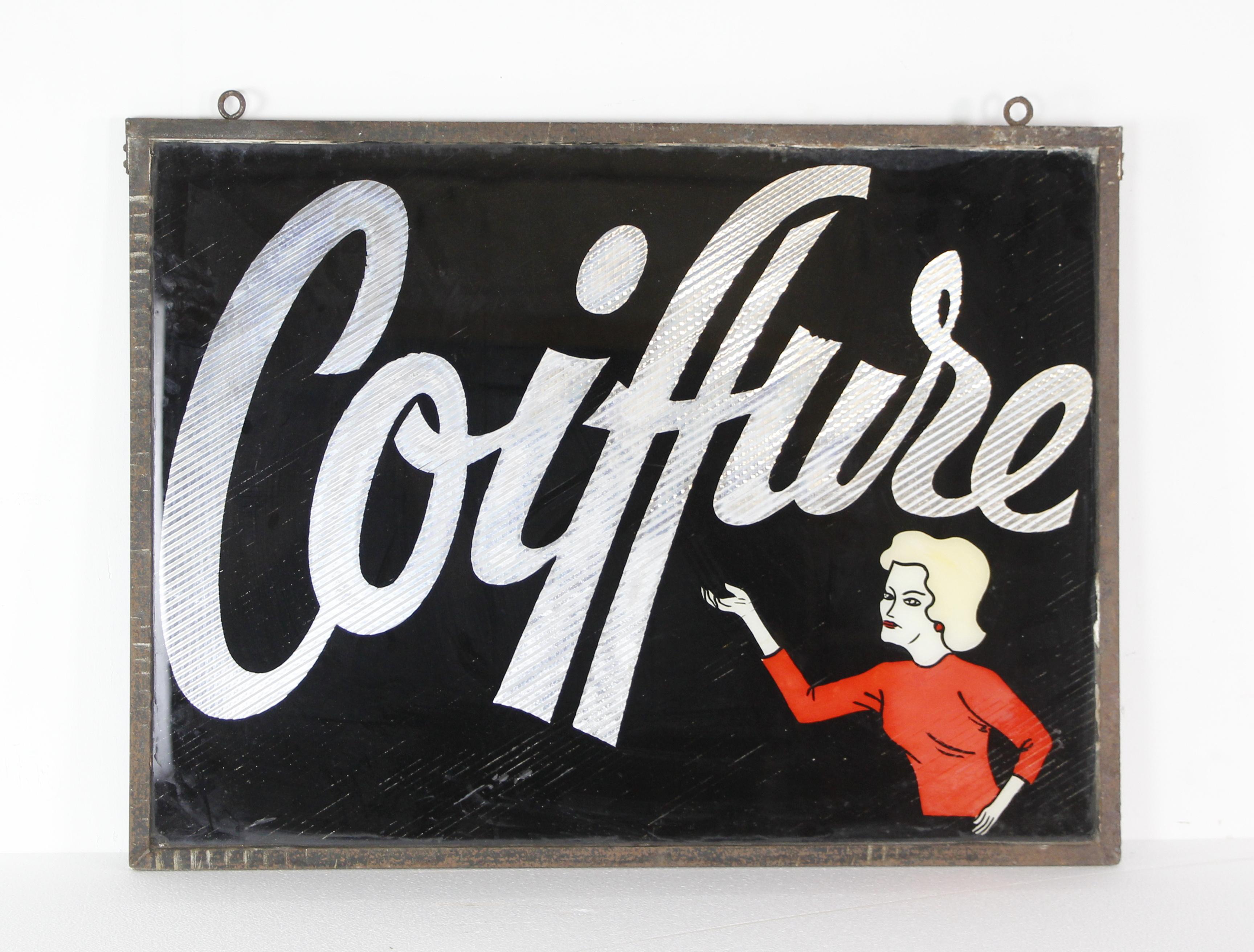 20th Century French Steel Frame & Glass Coiffure Hairdressing Sign For Sale
