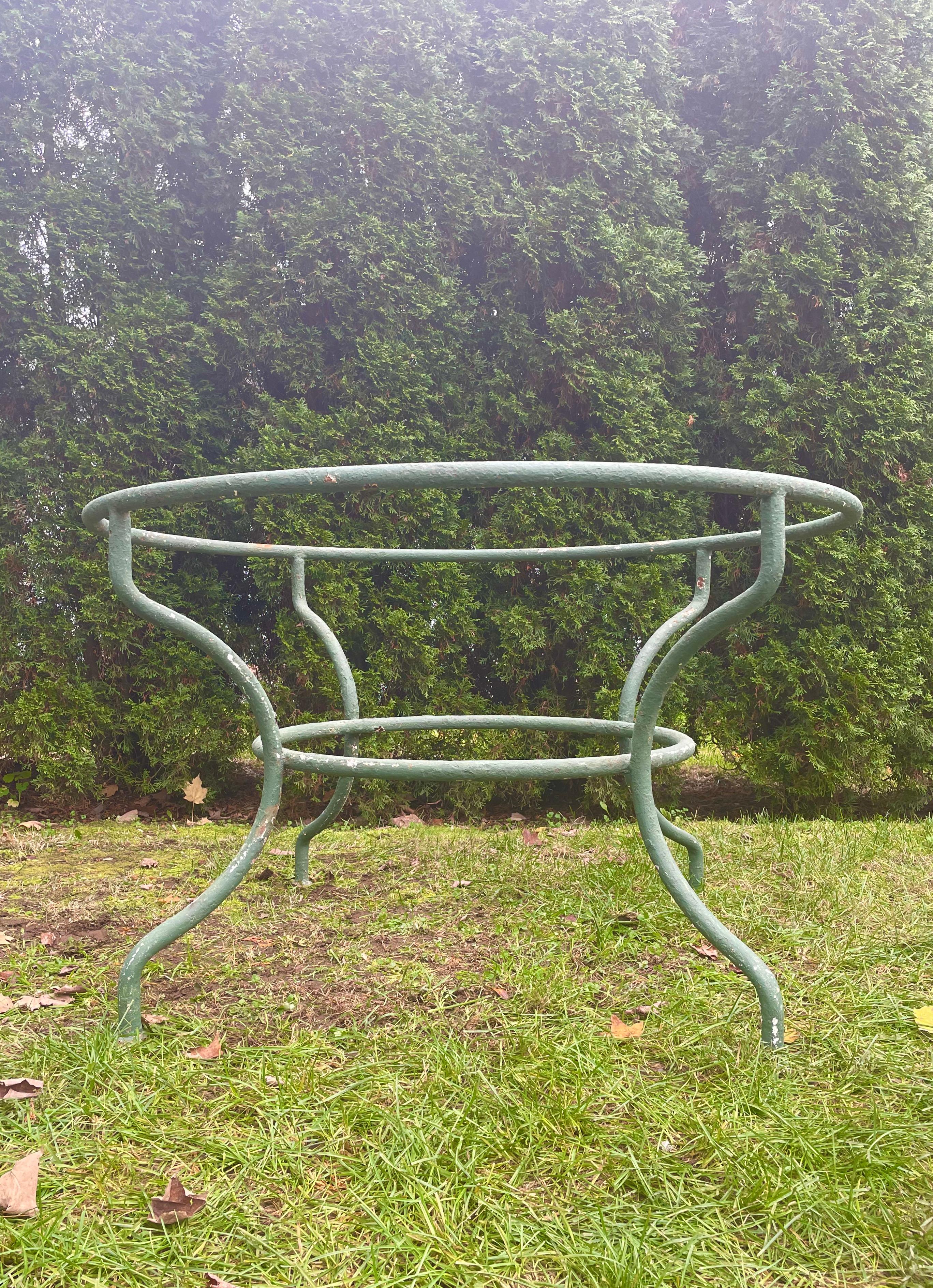 We buy good table bases whenever we can and these are a pair of lovely ones, although we are selling them separately. Made of tubular steel with gracefully-curving legs, they would make wonderful dining tables on your terrace or in the garden. Top