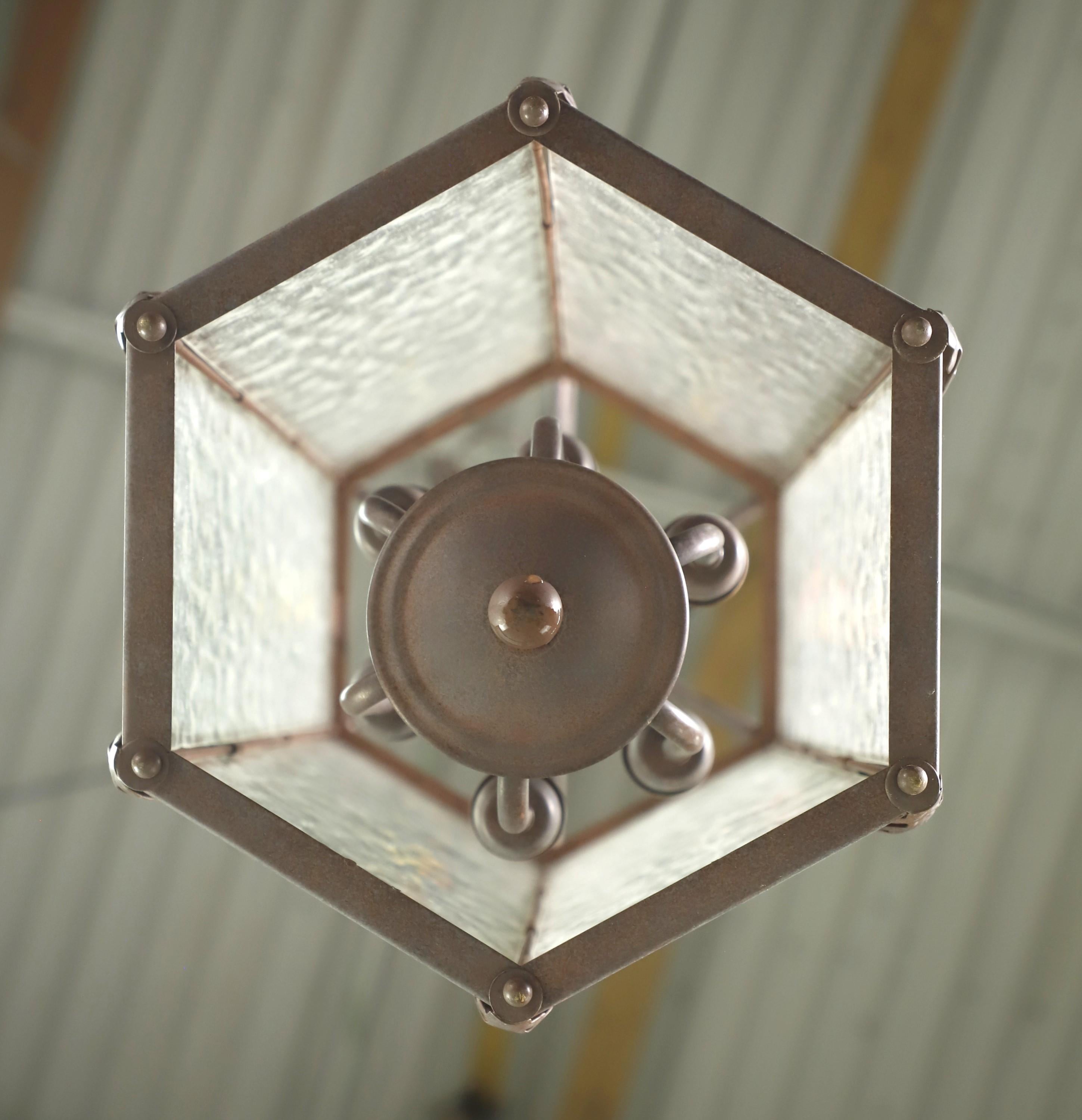 French Steel and Textured Glass 6 Sided 6 Light Lantern For Sale 4