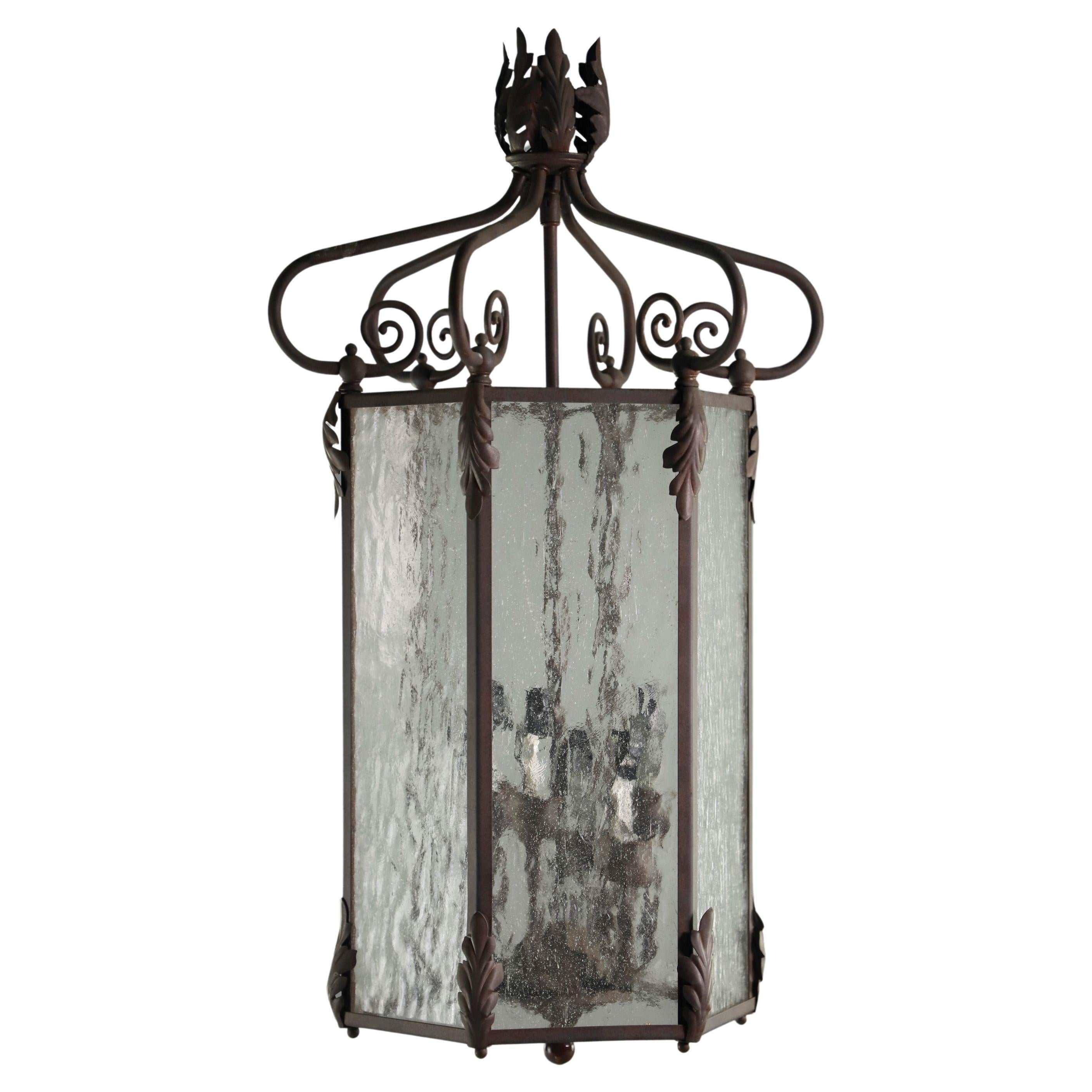 French Steel and Textured Glass 6 Sided 6 Light Lantern For Sale