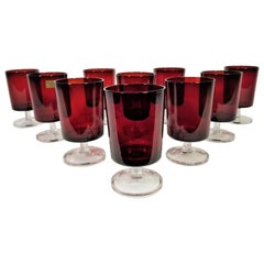 Vintage French Stemware Glassware Ruby Red 1960s Midcentury France Set of 10