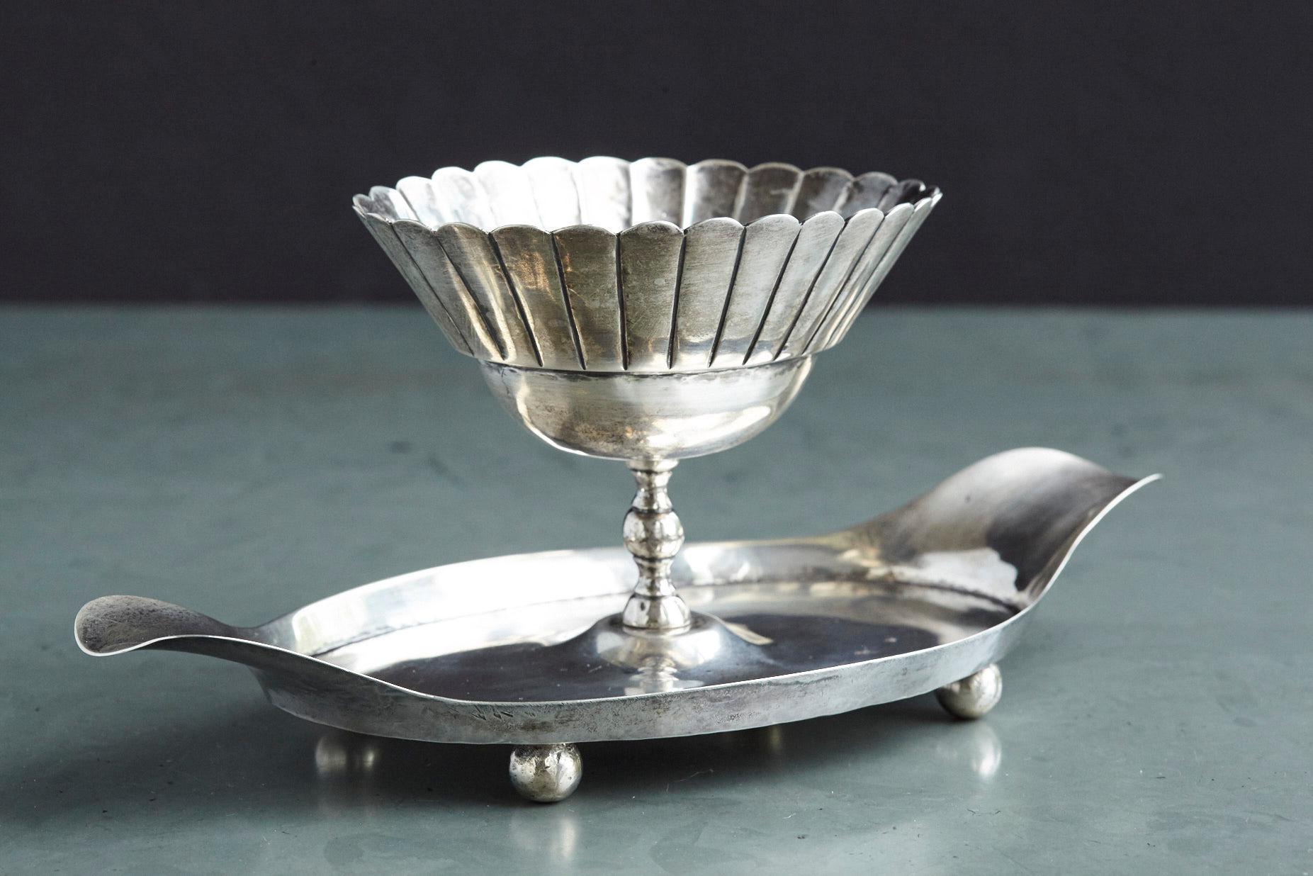 French Sterling Serving Tray with Flower Form Footed Center Bowl, circa 1960s 6