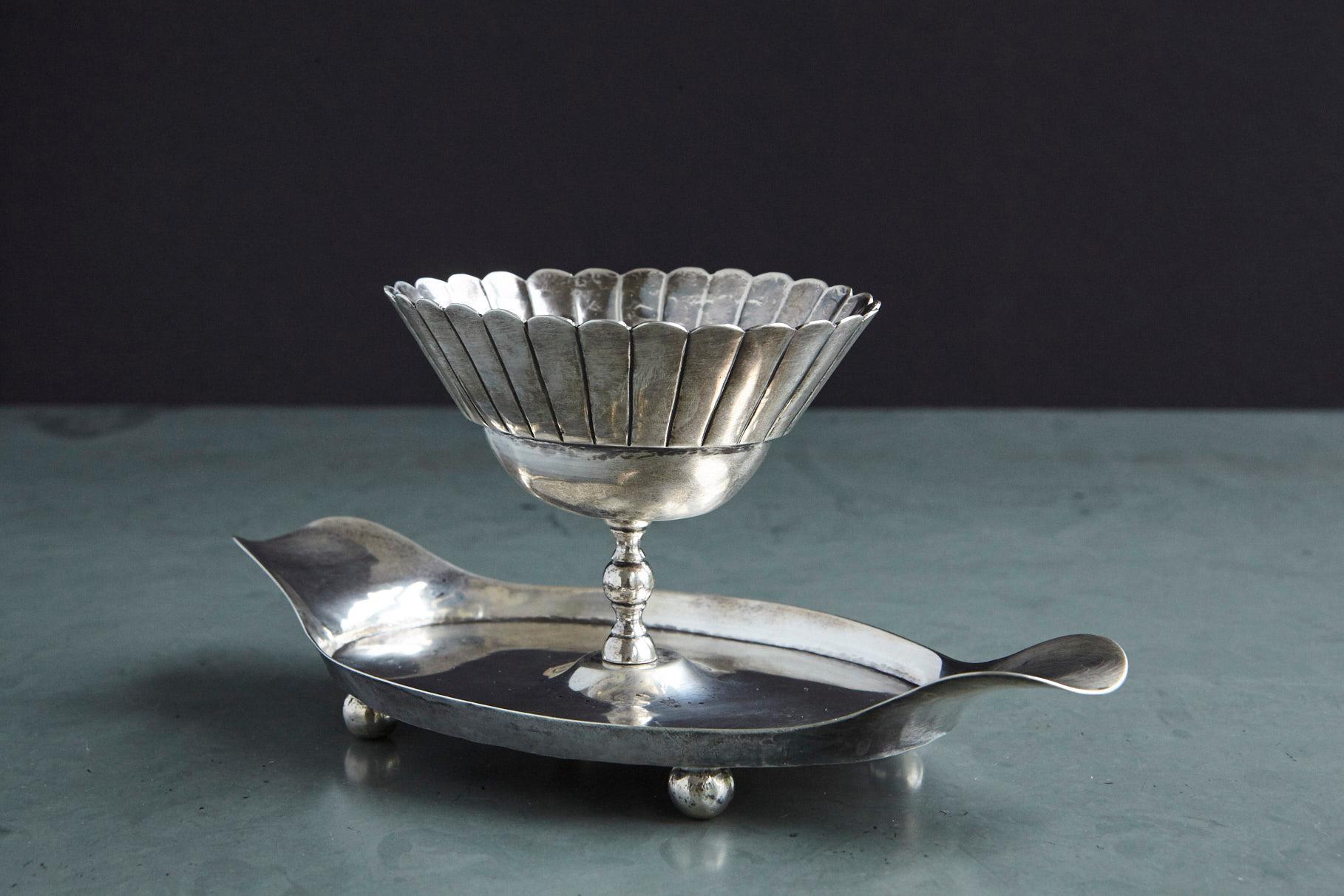 Mid-20th Century French Sterling Serving Tray with Flower Form Footed Center Bowl, circa 1960s