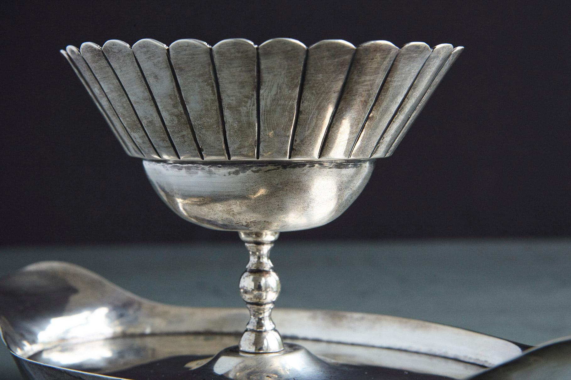 Sterling Silver French Sterling Serving Tray with Flower Form Footed Center Bowl, circa 1960s