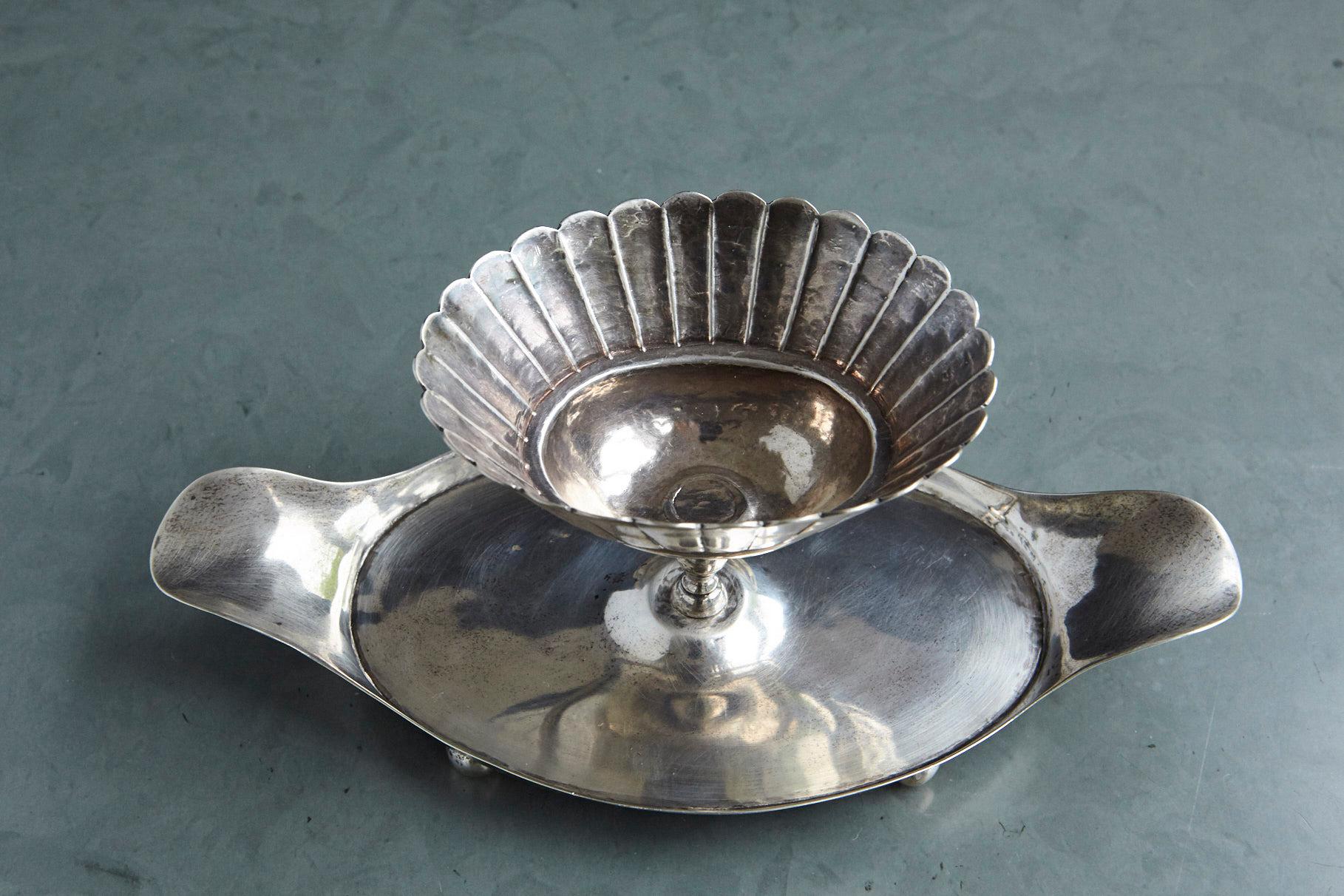 French Sterling Serving Tray with Flower Form Footed Center Bowl, circa 1960s 1