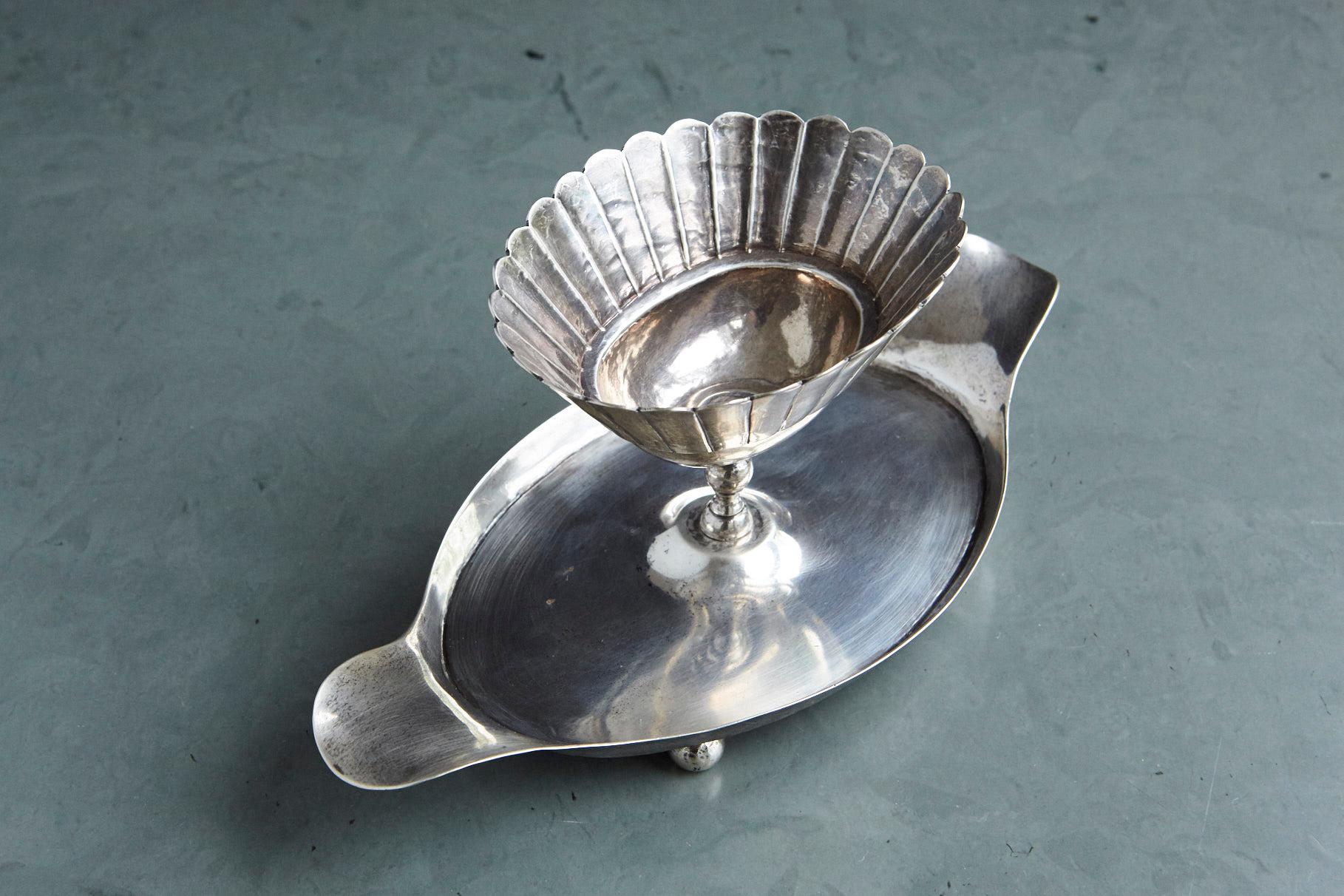 French Sterling Serving Tray with Flower Form Footed Center Bowl, circa 1960s 2