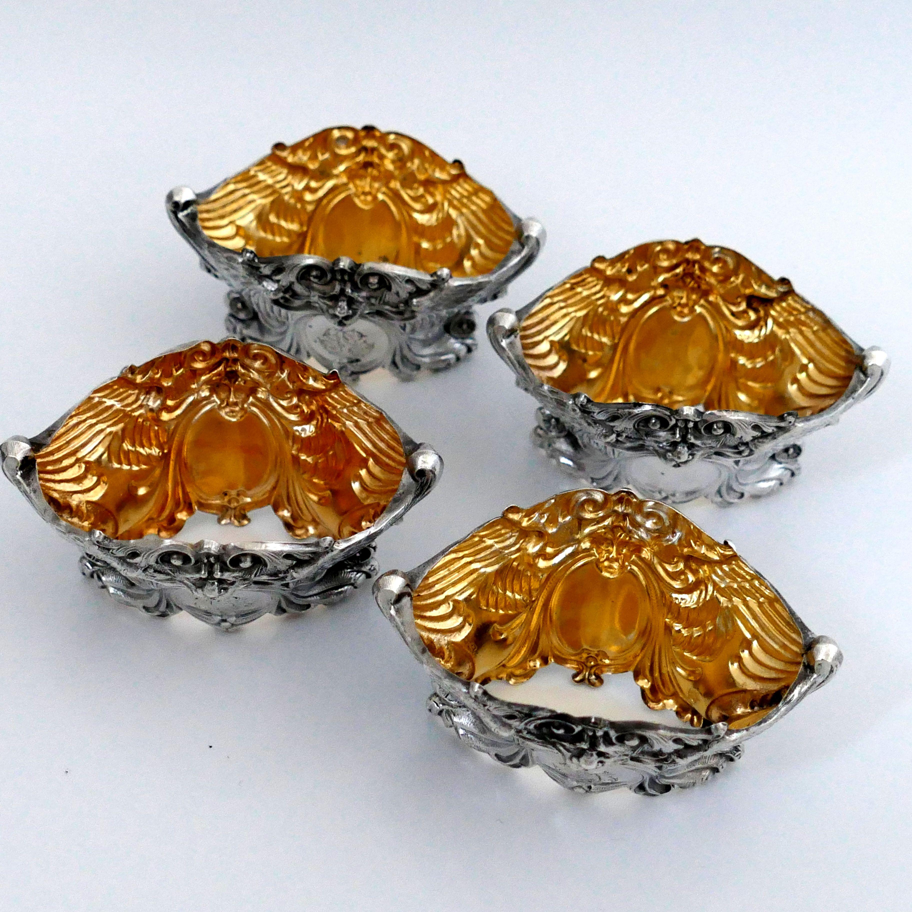 French Sterling Silver 18-Karat Gold Four Salt Cellars, Spoons, Box, Swan, Lion For Sale 6