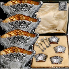 French Sterling Silver 18-Karat Gold Four Salt Cellars, Spoons, Box, Swan, Lion