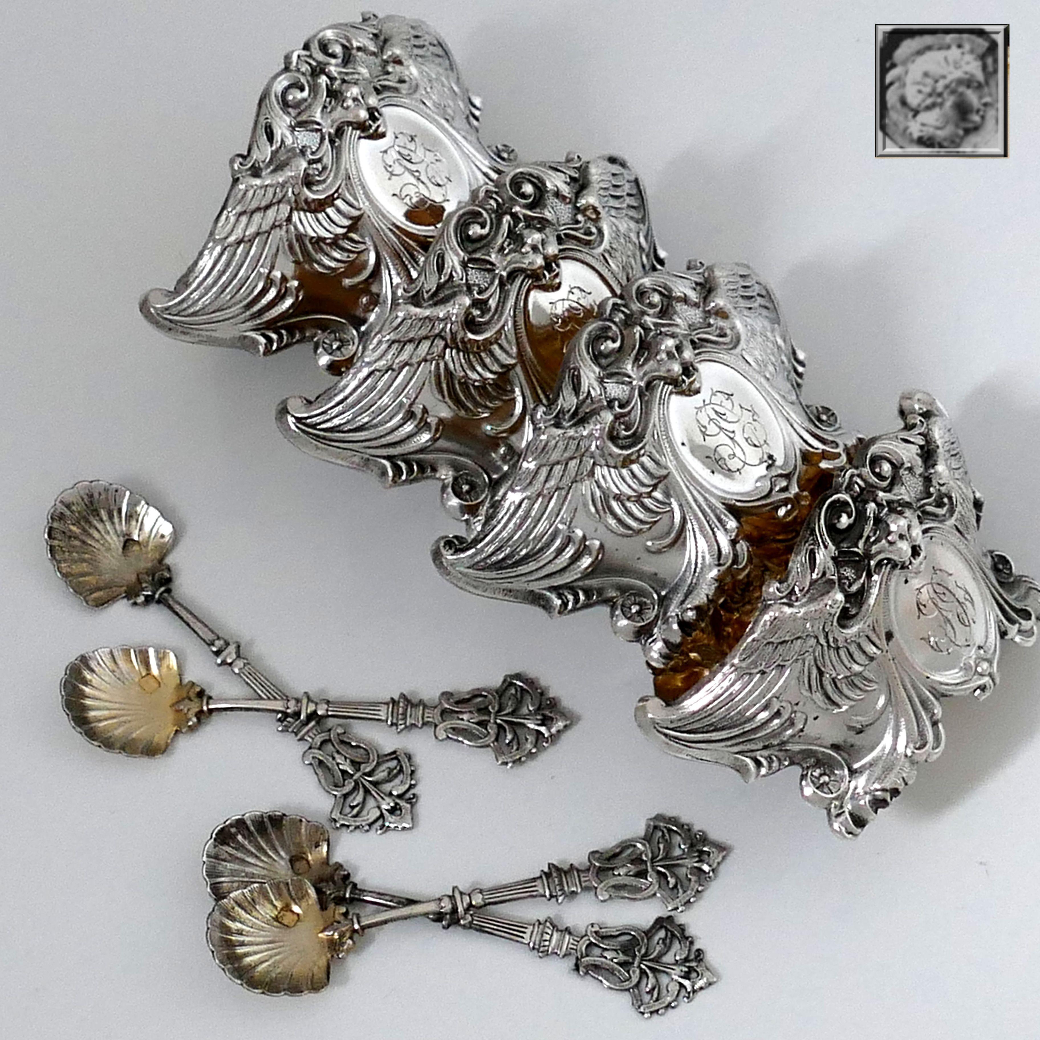 Empire French Sterling Silver 18-Karat Gold Four Salt Cellars, Spoons, Box, Swan, Lion For Sale