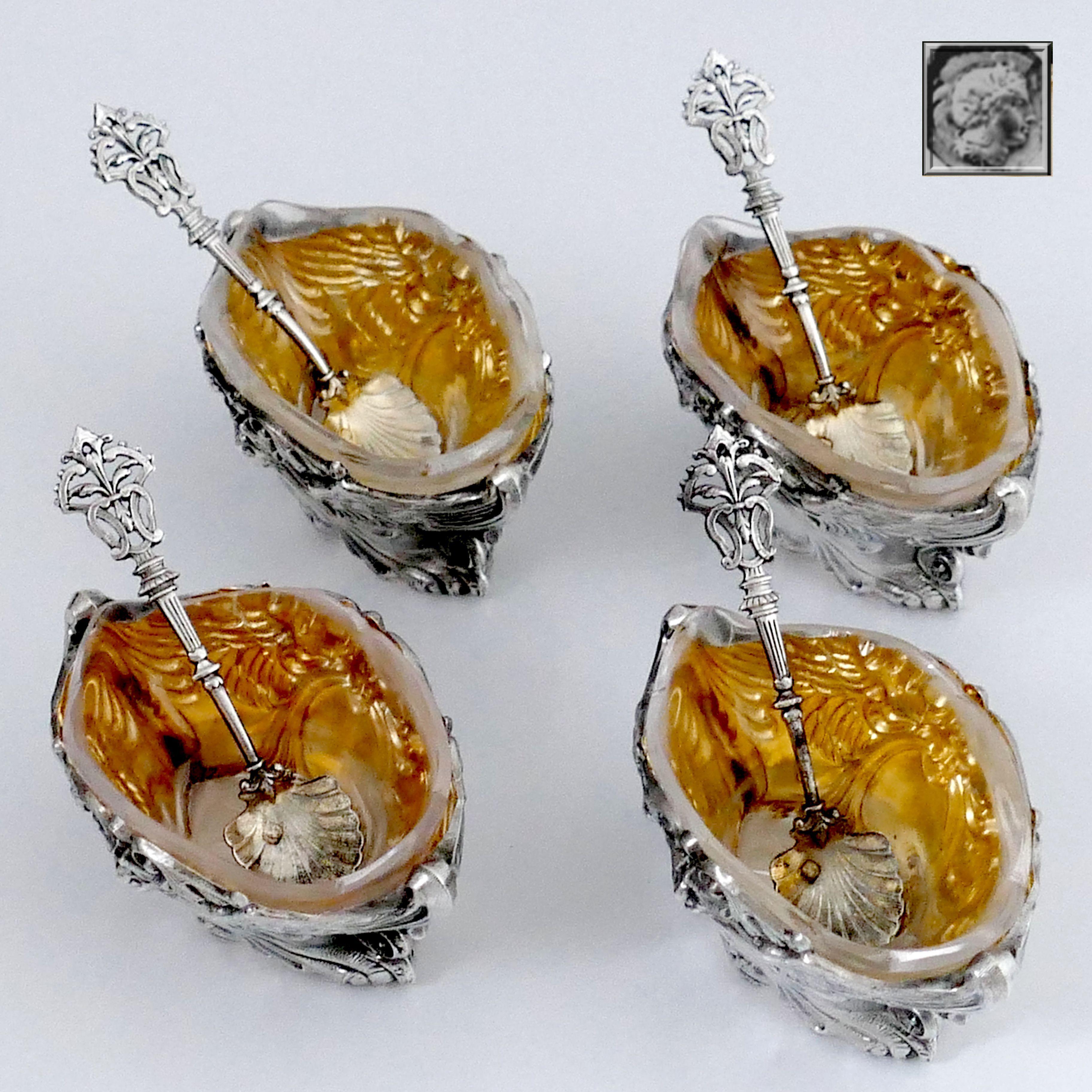 French Sterling Silver 18-Karat Gold Four Salt Cellars, Spoons, Box, Swan, Lion For Sale 1