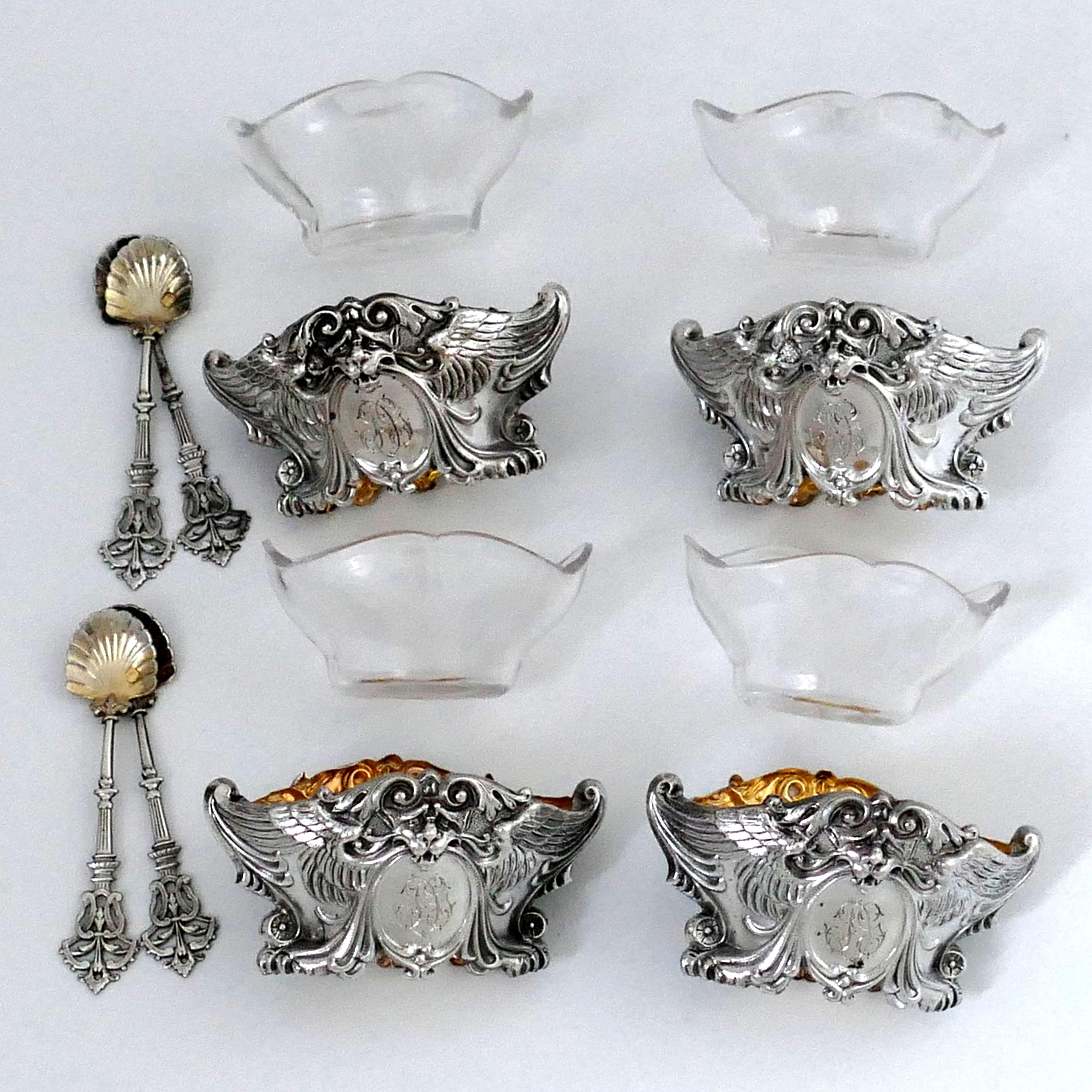 French Sterling Silver 18-Karat Gold Four Salt Cellars, Spoons, Box, Swan, Lion For Sale 2