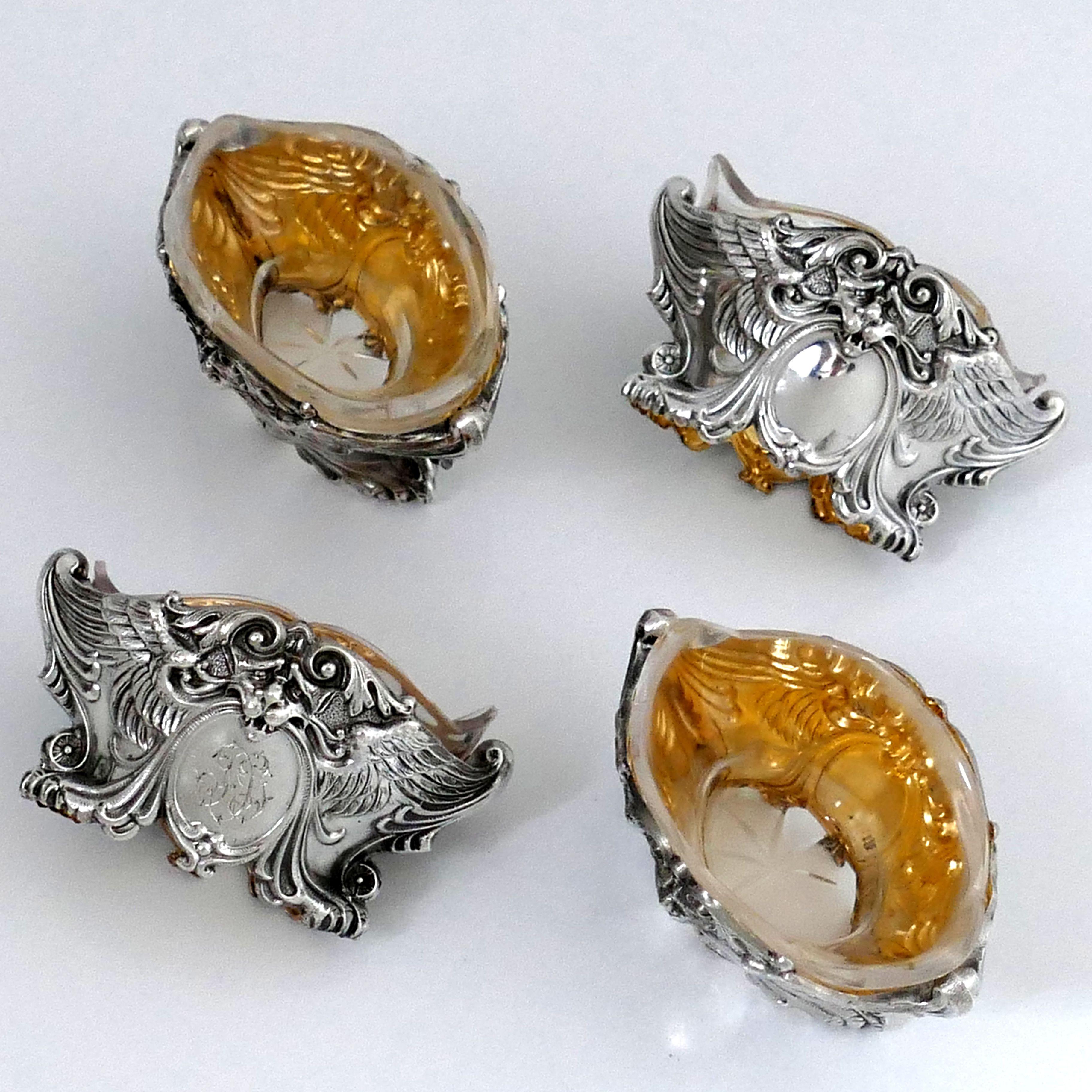 French Sterling Silver 18-Karat Gold Four Salt Cellars, Spoons, Box, Swan, Lion For Sale 3