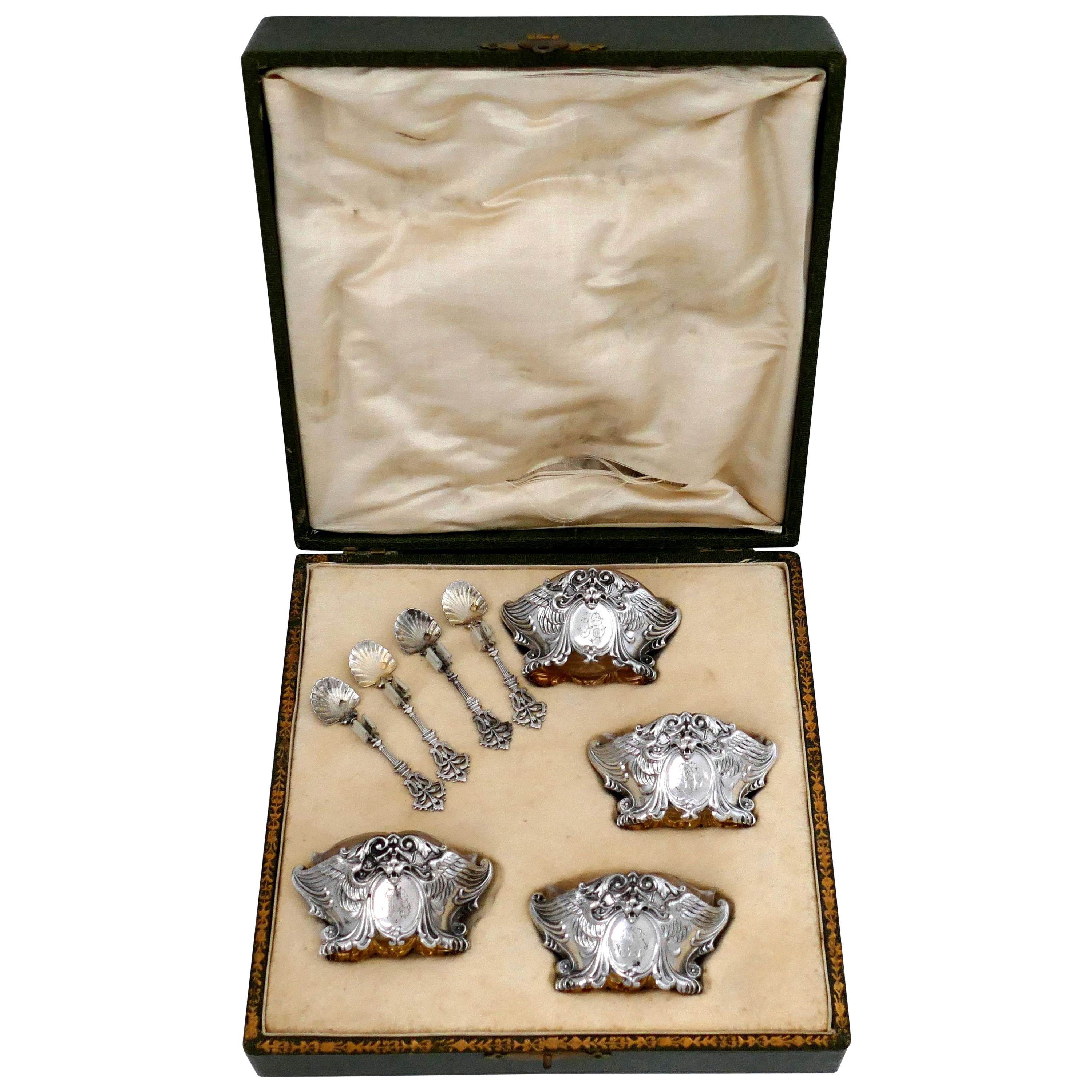 French Sterling Silver 18-Karat Gold Four Salt Cellars, Spoons, Box, Swan, Lion For Sale