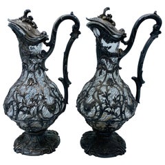 French Sterling Silver and Crystal Wine Decanter Jug, Set of 2 