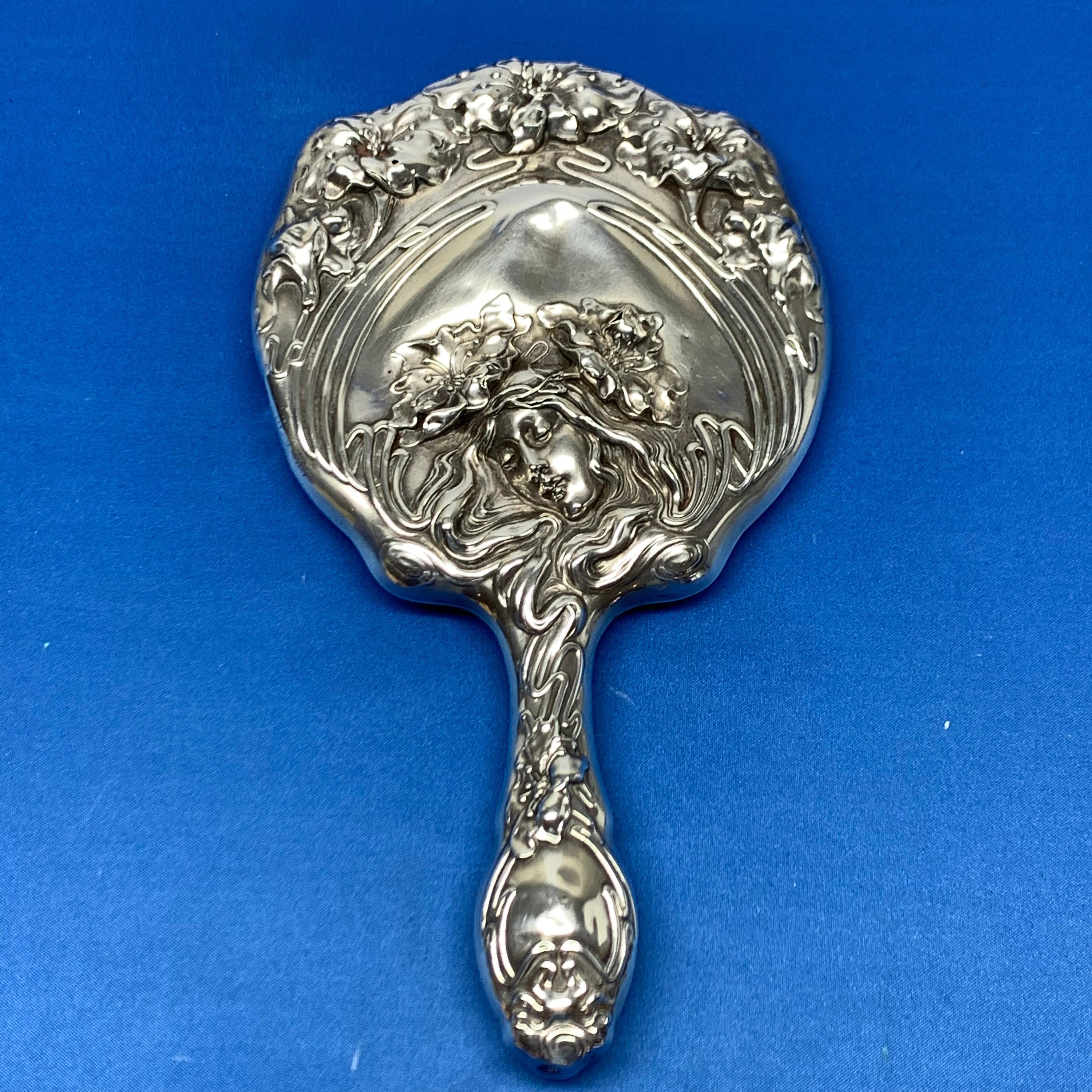 French Sterling Silver Art Nouveau Hand Vanity Mirror 8