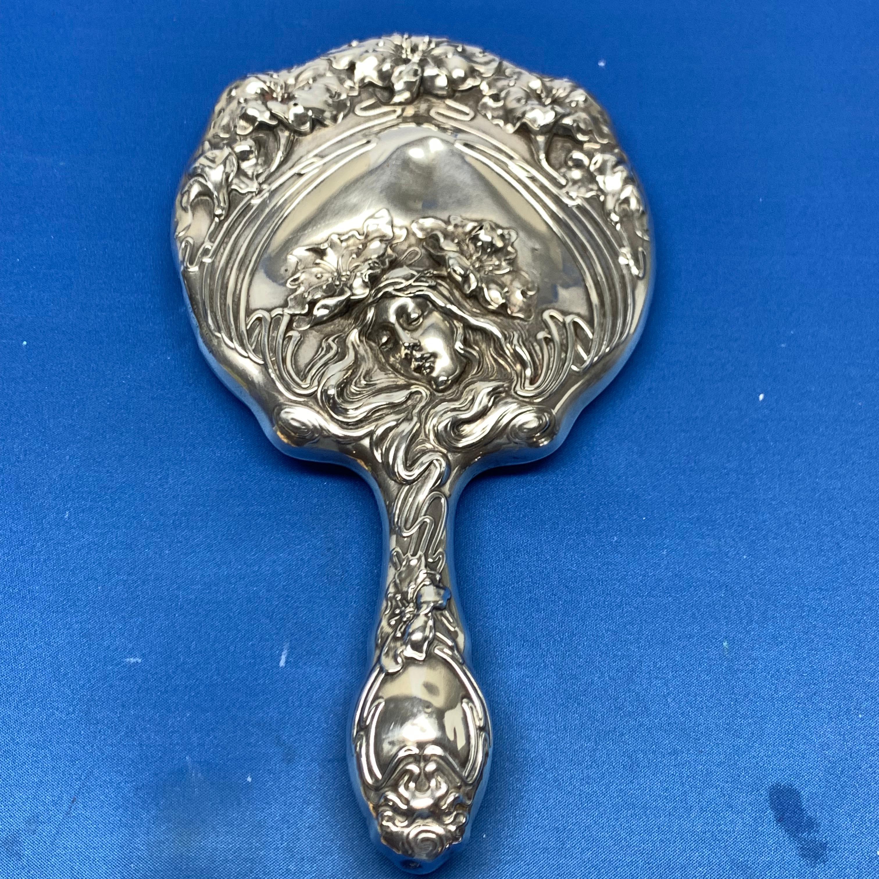 French Sterling Silver Art Nouveau Hand Vanity Mirror 9