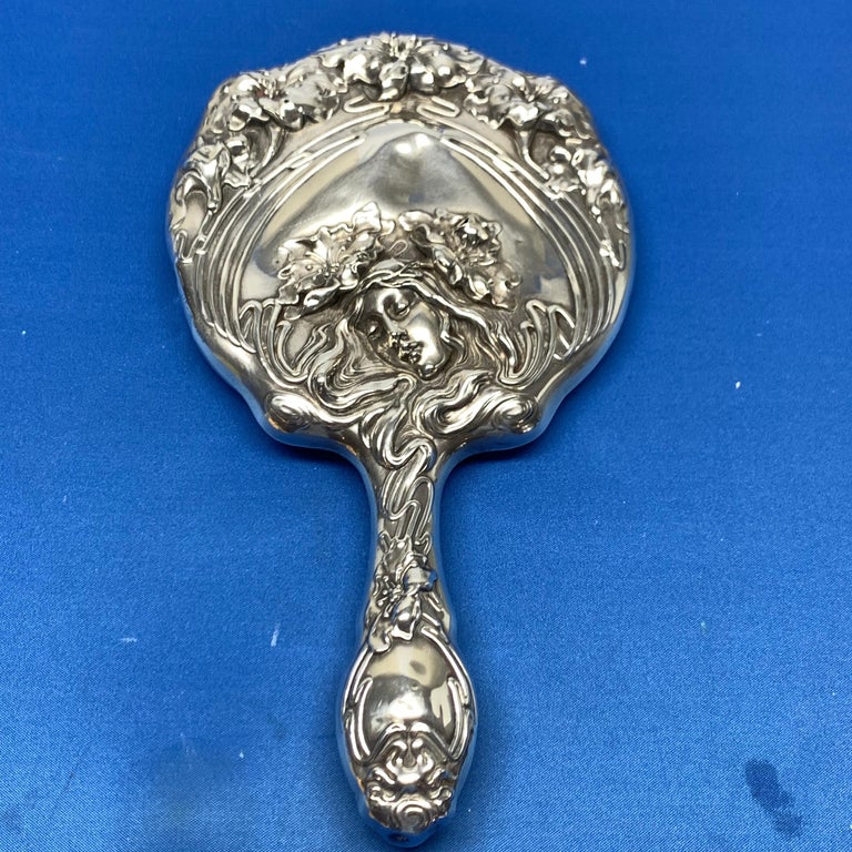 French Sterling Silver Art Nouveau Hand Vanity Mirror For ...