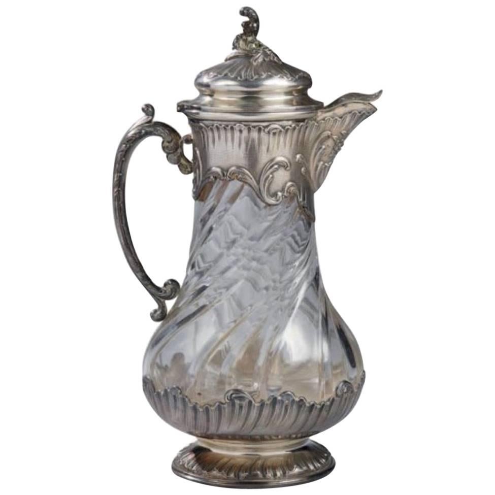 French Sterling Silver Cut Swirled Crystal Claret Jug or Pitcher