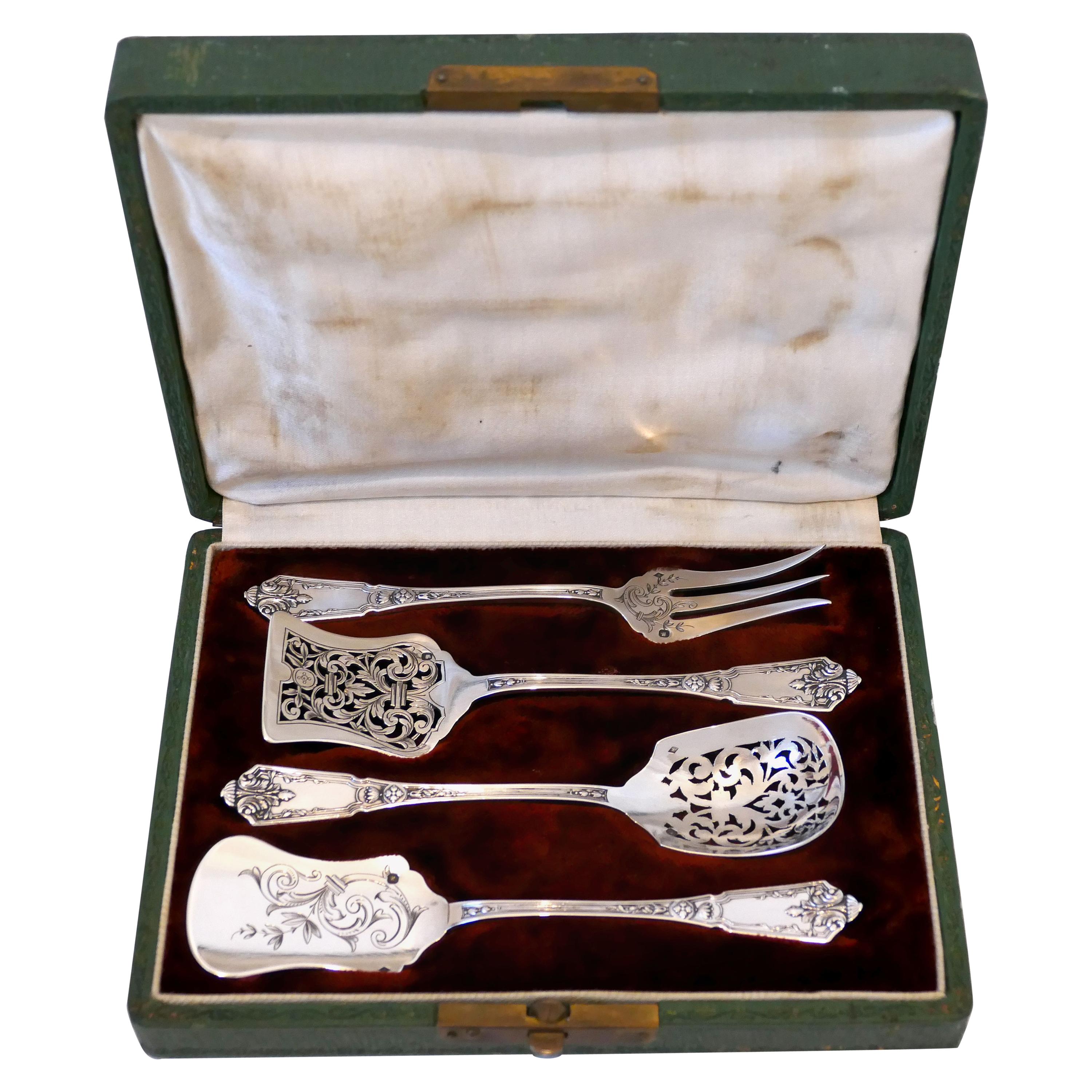 French Sterling Silver Dessert Hors D'oeuvre 4-Piece Set, Original Box, Regency For Sale