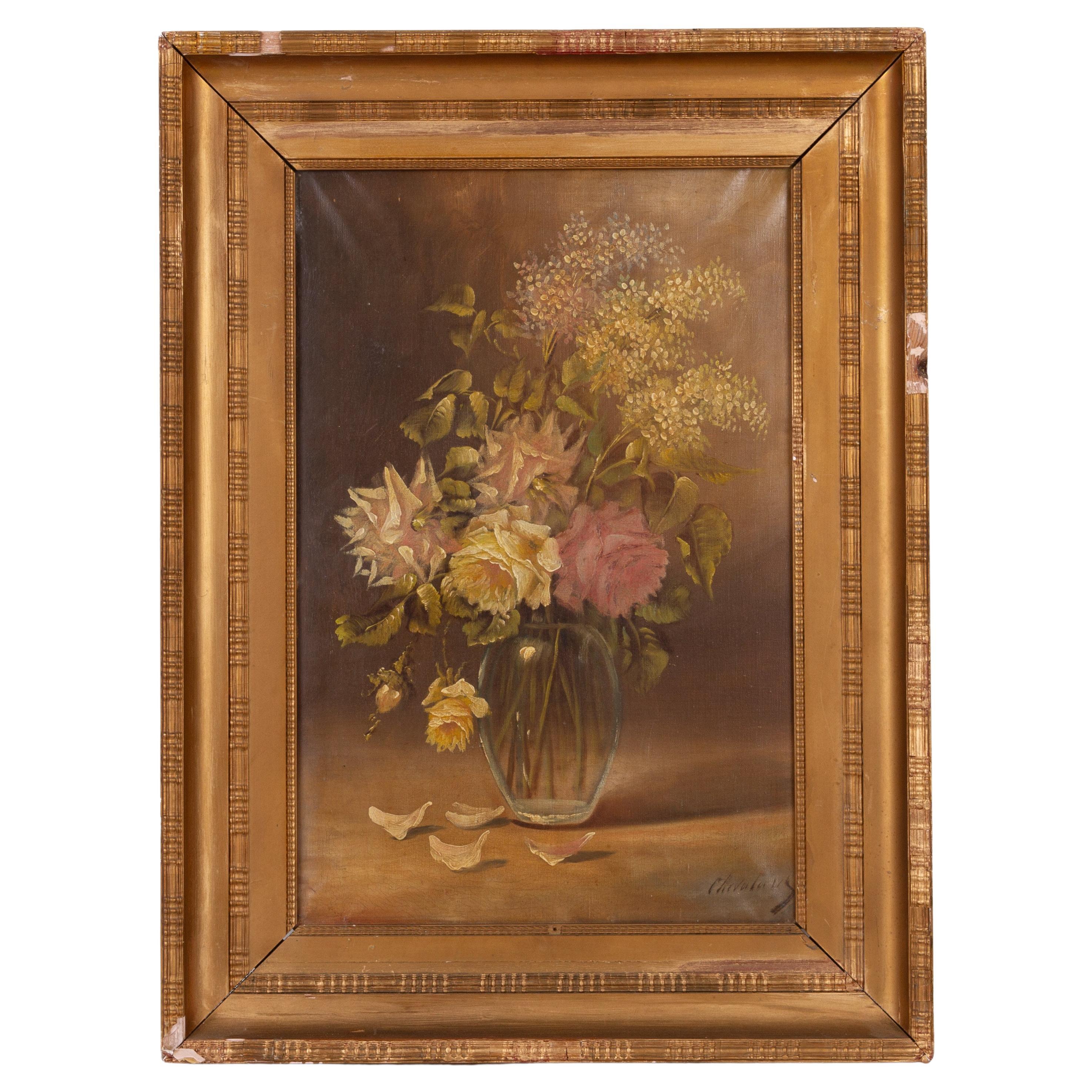 French Still Life Flowers Oil Painting Signed For Sale