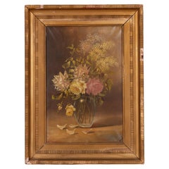 Antique French Still Life Flowers Oil Painting Signed
