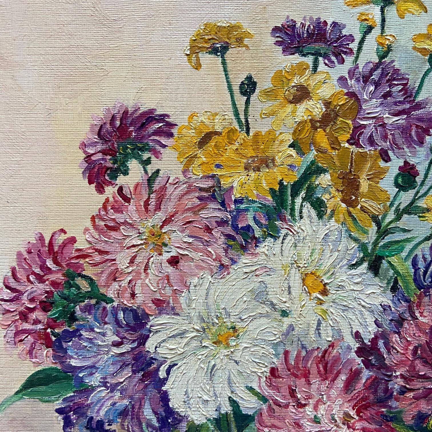 Néoclassique Nature morte au vase de dahlias, peinture à l'huile signée en vente