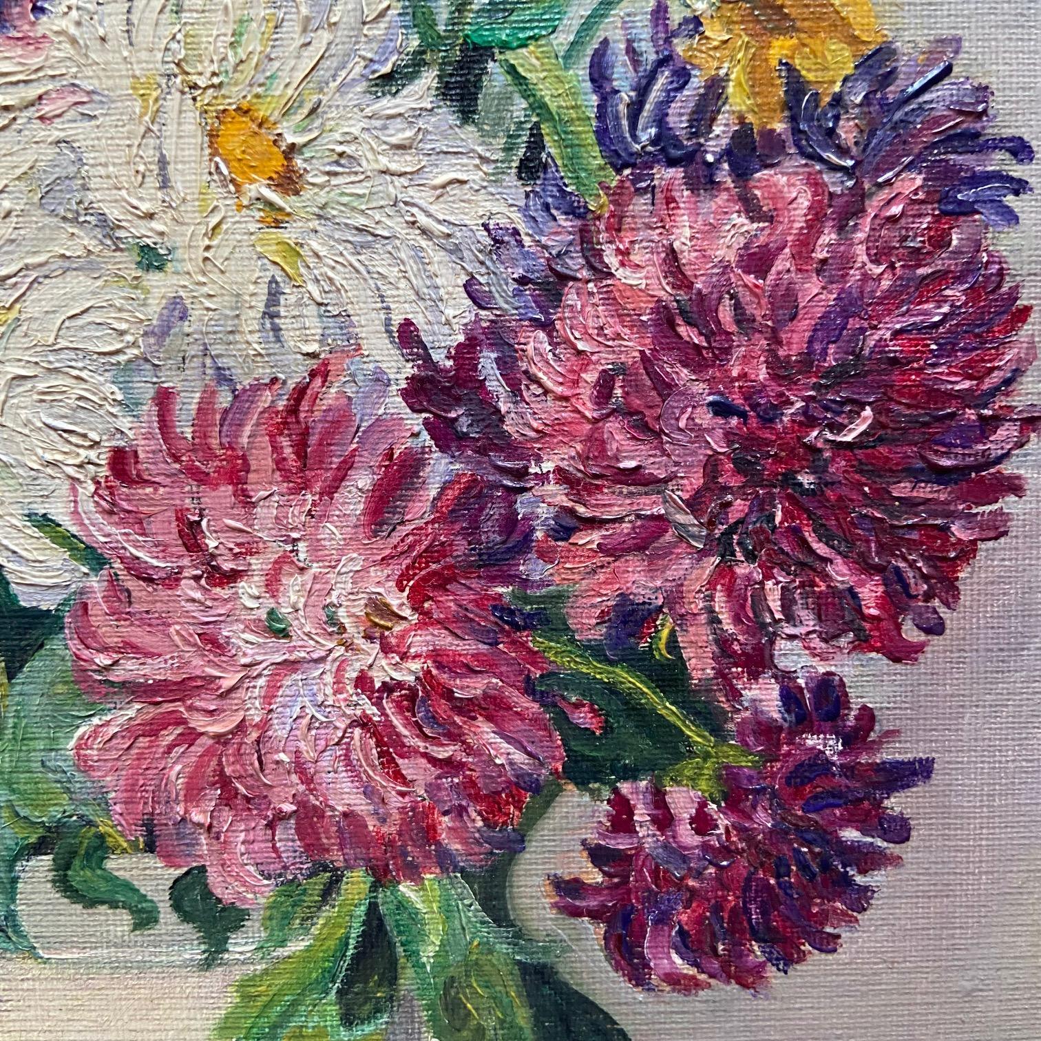 Huilé Nature morte au vase de dahlias, peinture à l'huile signée en vente