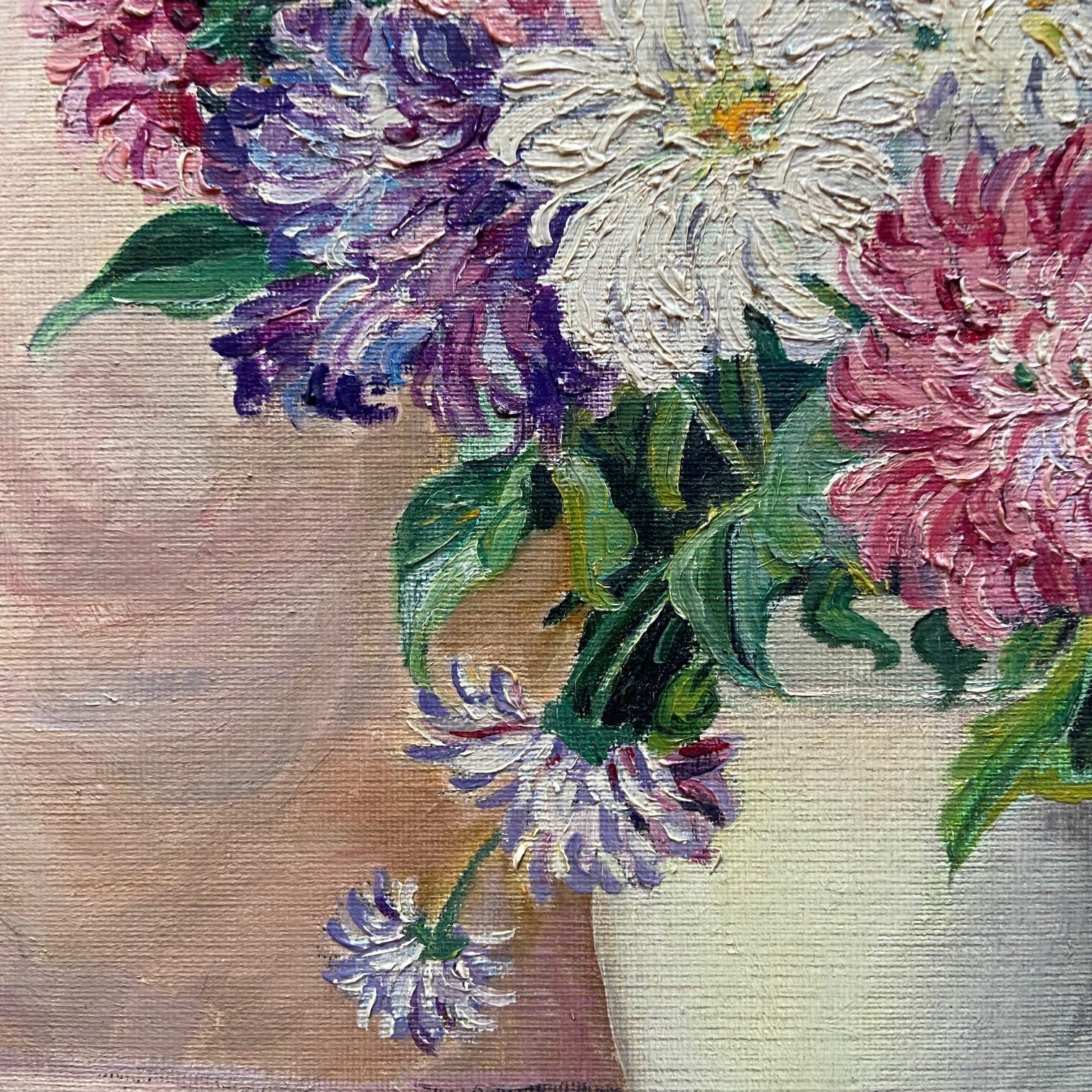 Nature morte au vase de dahlias, peinture à l'huile signée Bon état - En vente à ASNIÈRES-SUR-SEINE, FR