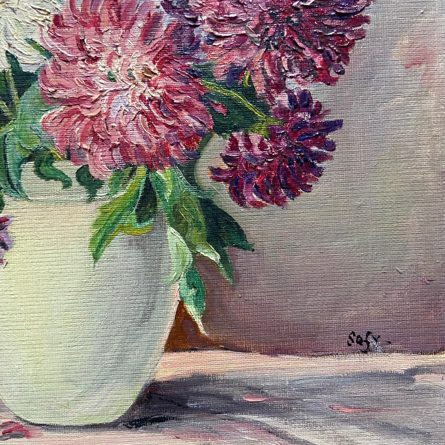 Peinture Nature morte au vase de dahlias, peinture à l'huile signée en vente