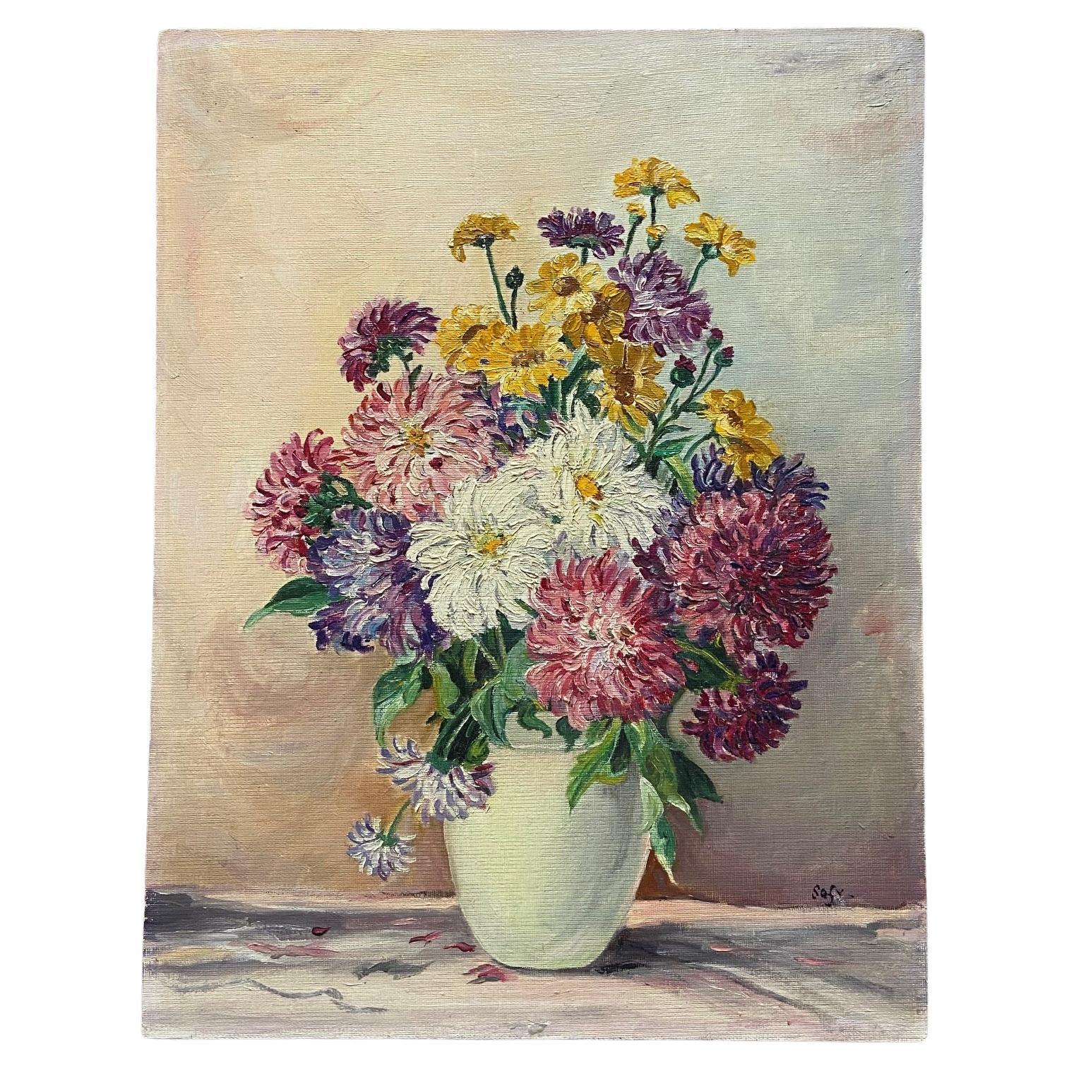 Nature morte au vase de dahlias, peinture à l'huile signée