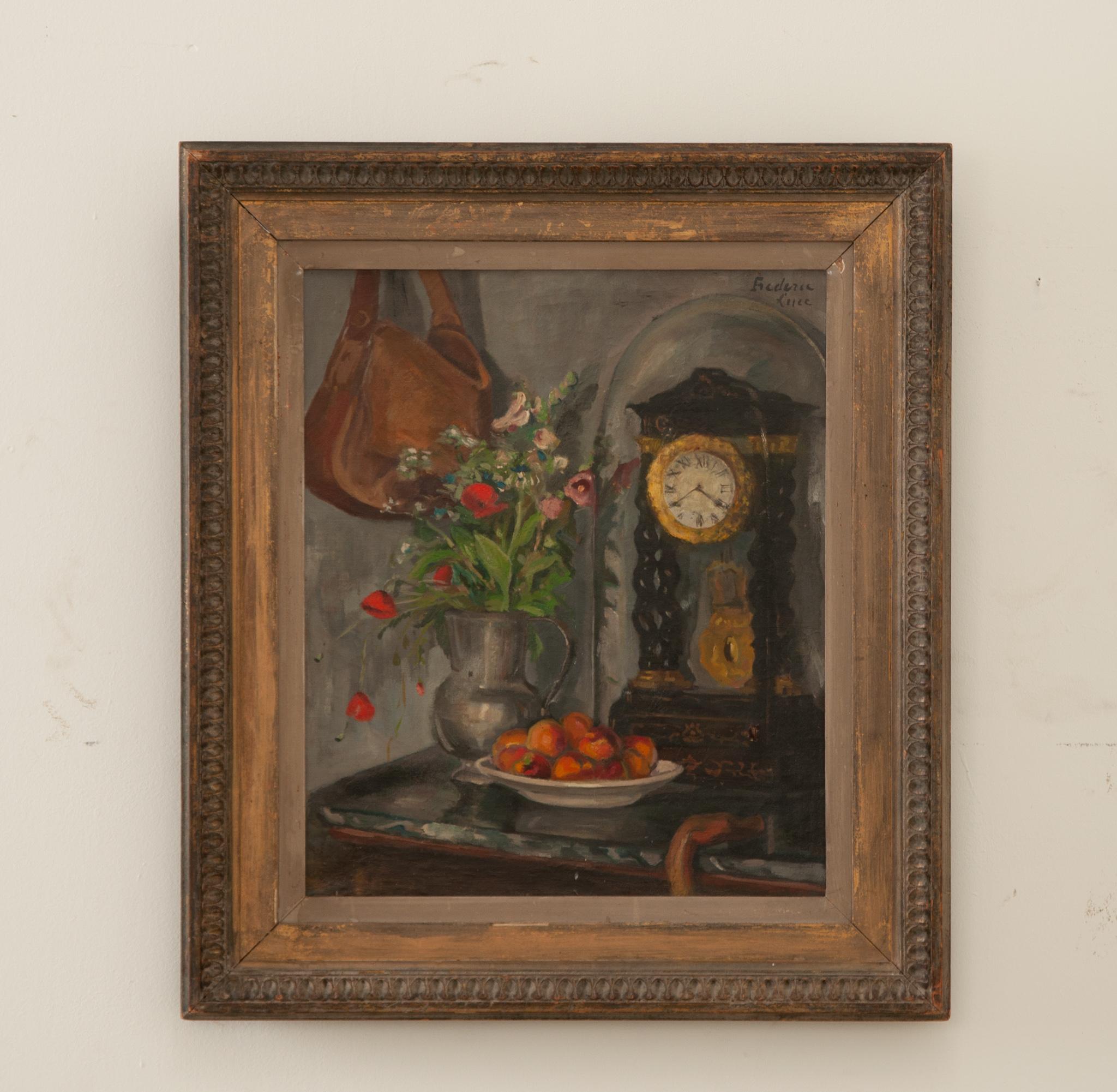 An Impressionist style antique oil painting from 19th century France. This work exhibits an array of attractive objects on a marble tabletop. The viewer's eye is drawn first to a handsomely rendered bowl of fruit in front of a silver pitcher of