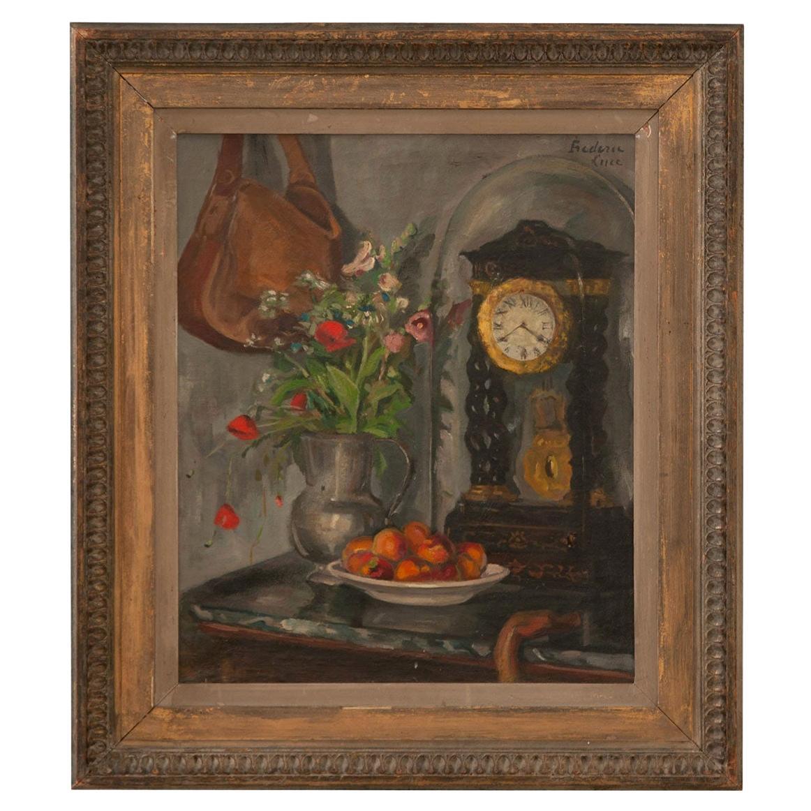 French Still Life Oil on Canvas in Original Frame For Sale