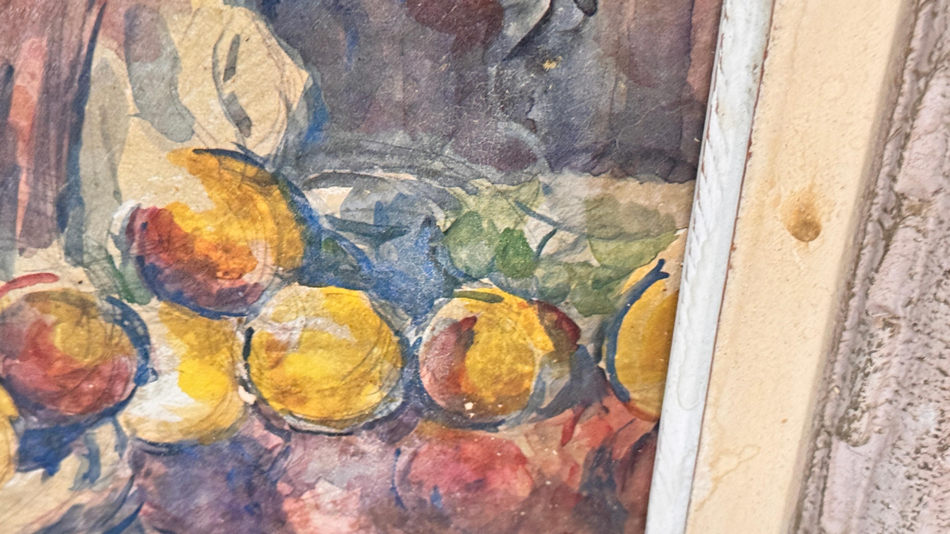 Französisches Stillleben Ölgemälde - Bunte Früchte, Weinflasche - CIRCA 1960 im Angebot 6