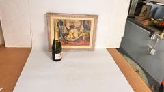 French Still Life Oil Painting – Colorful Fruits, Wine Bottle – Circa 1960