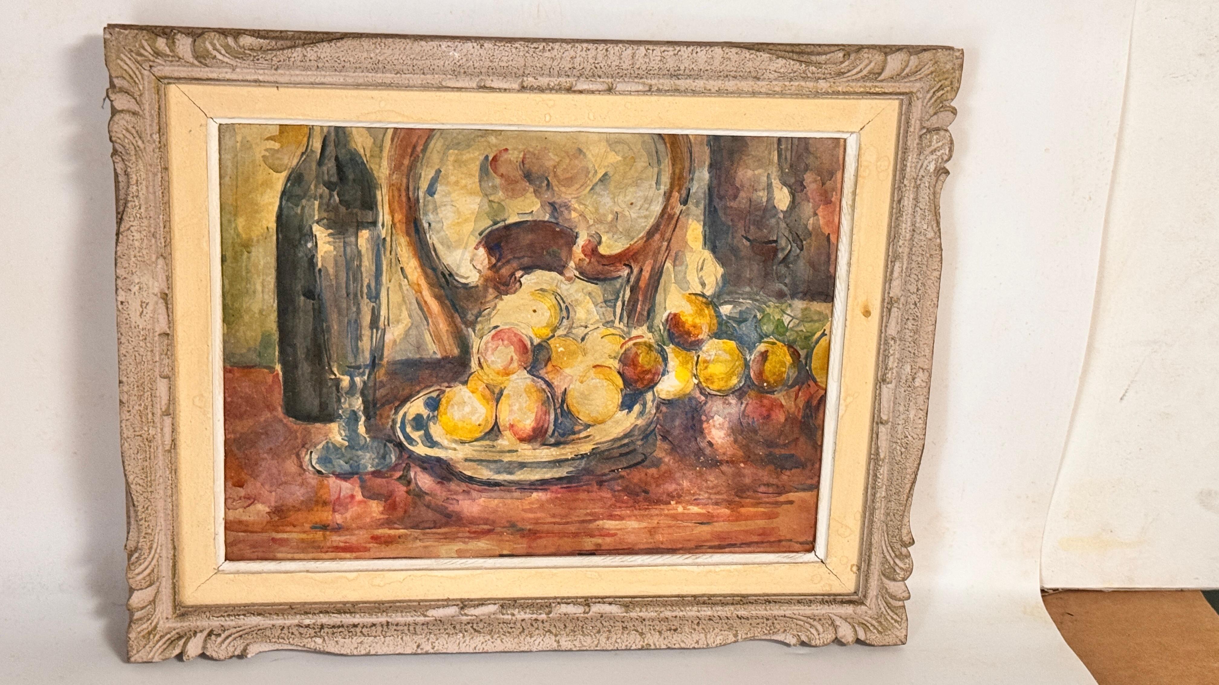 Französisches Stillleben Ölgemälde - Bunte Früchte, Weinflasche - CIRCA 1960 im Zustand „Gut“ im Angebot in Auribeau sur Siagne, FR