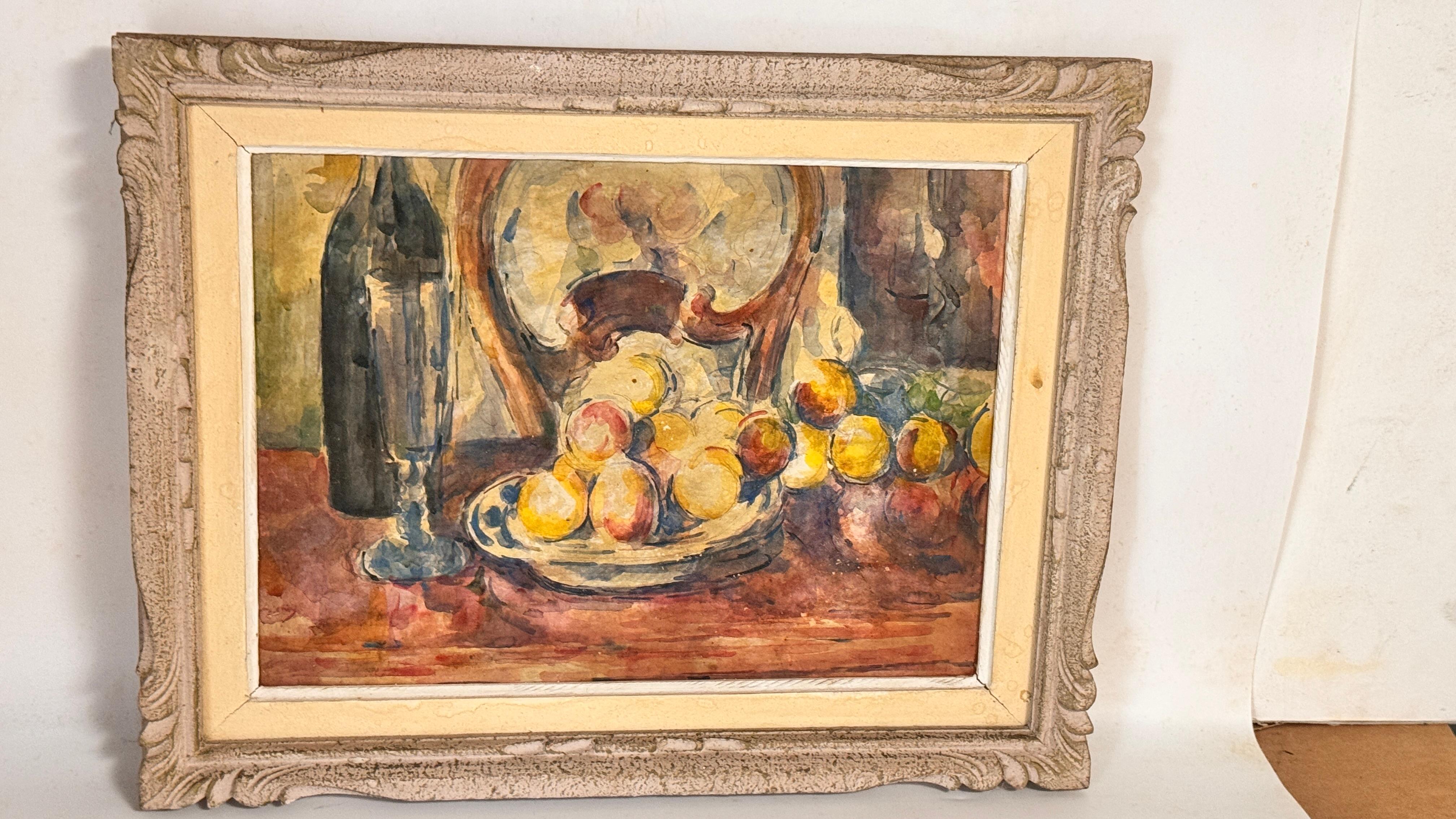 Französisches Stillleben Ölgemälde - Bunte Früchte, Weinflasche - CIRCA 1960 (Mitte des 20. Jahrhunderts) im Angebot