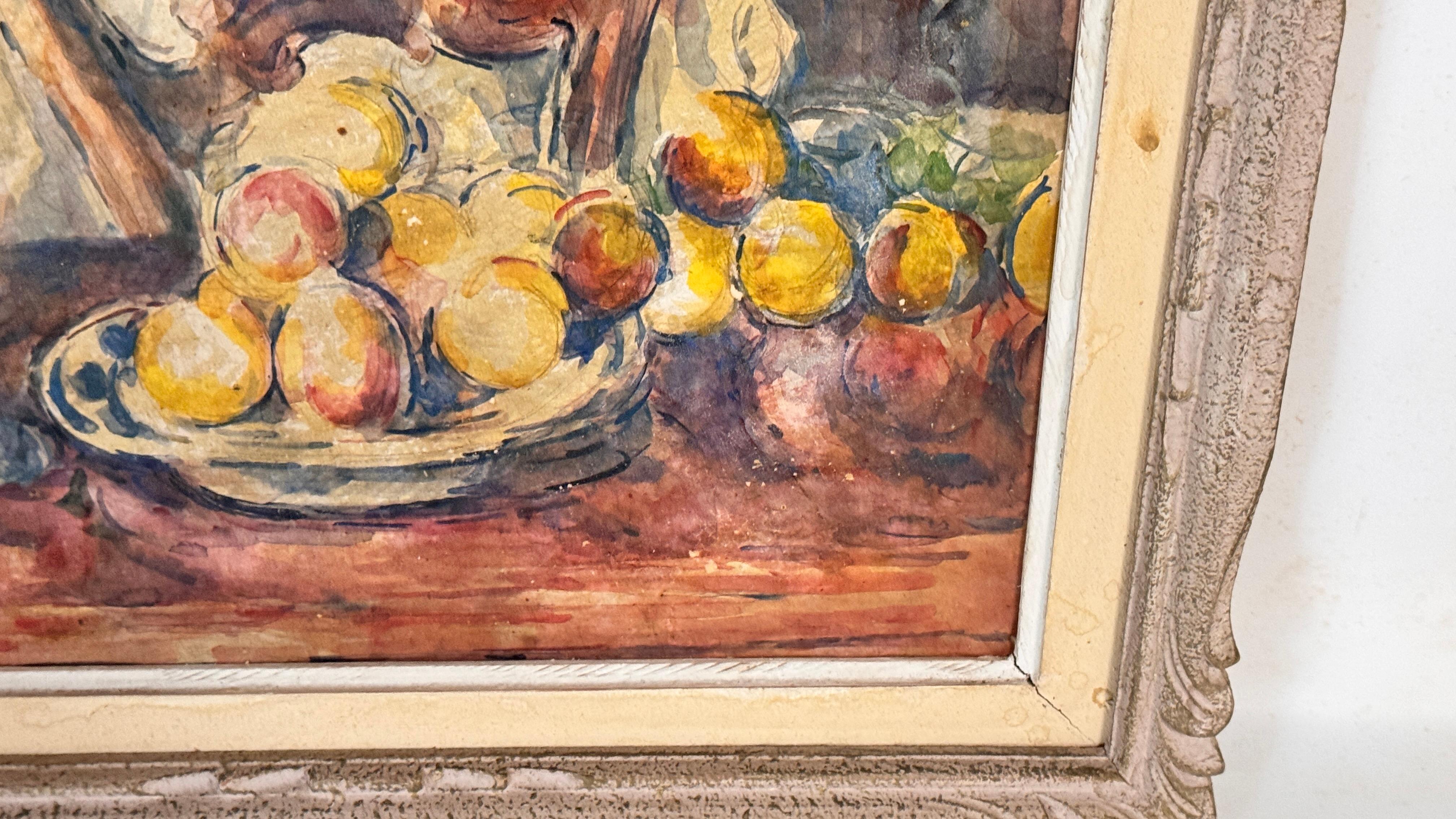 Französisches Stillleben Ölgemälde - Bunte Früchte, Weinflasche - CIRCA 1960 (Farbe) im Angebot
