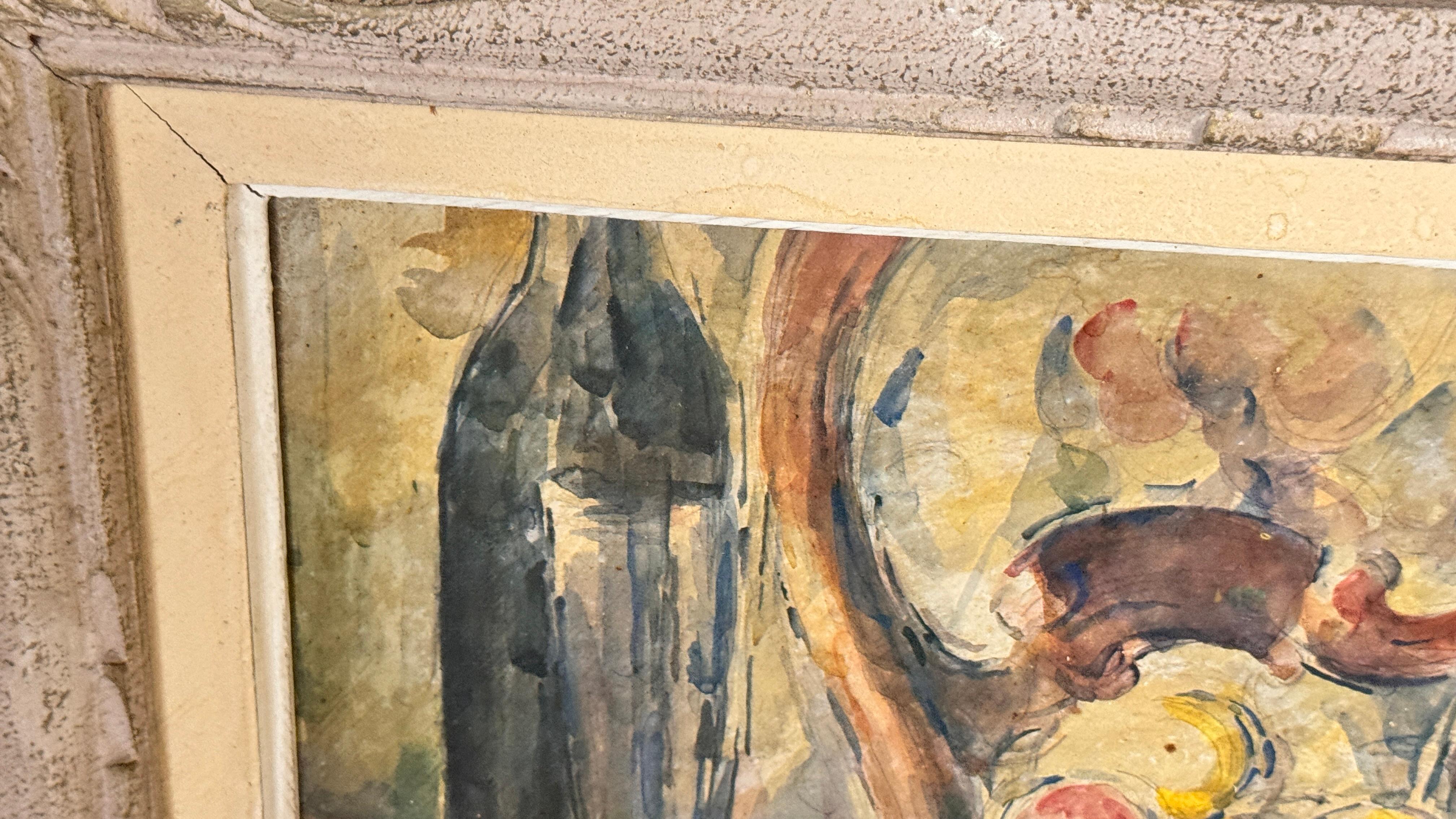 Französisches Stillleben Ölgemälde - Bunte Früchte, Weinflasche - CIRCA 1960 im Angebot 1